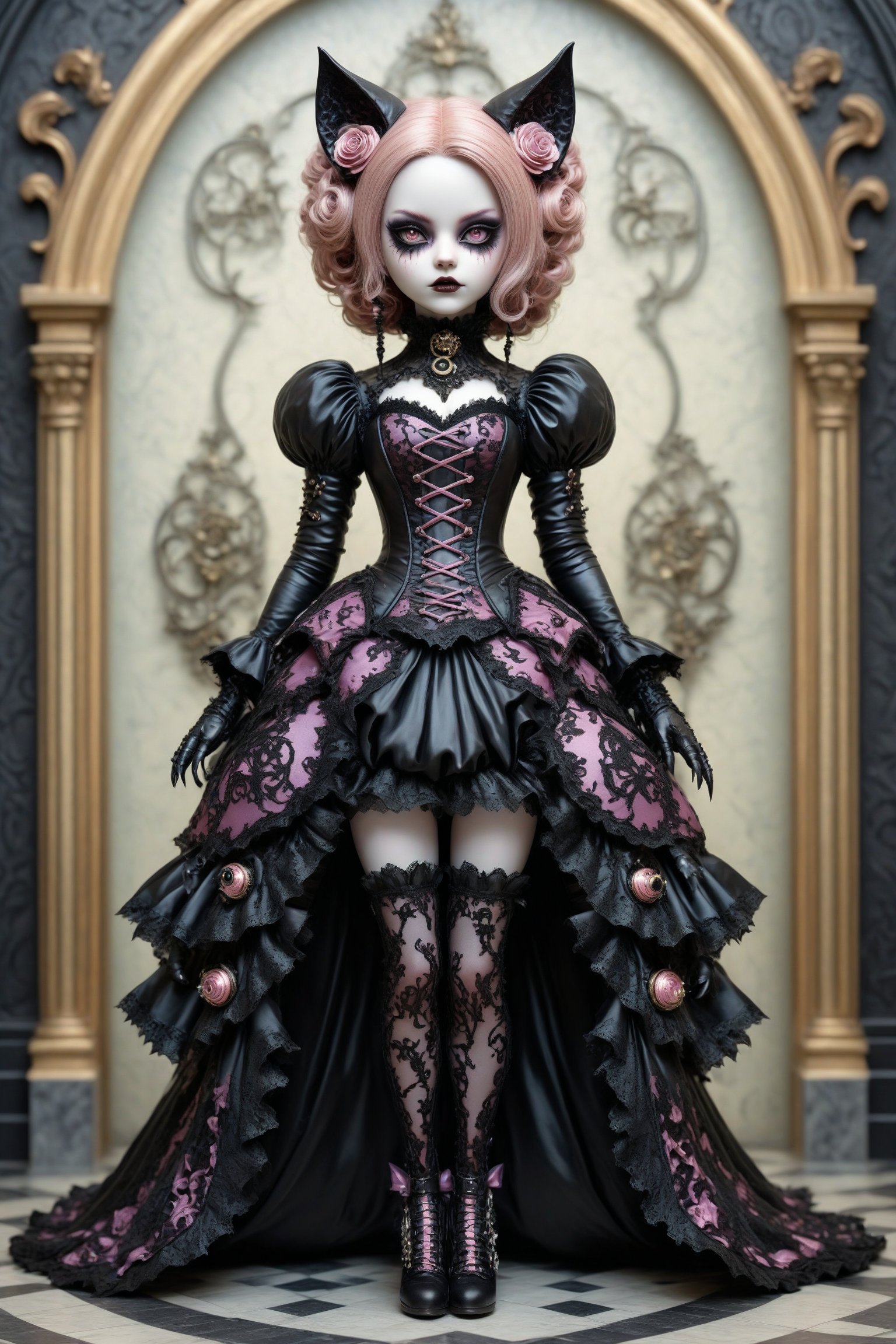 full body shot, dynamic pose, portrait of a beautiful stunning cat woman, a fusion of elaborate rococo, gothic, lolita and punk. she has round large big copper eyes. she has elaborate gothic make-up, cat ears, she wears an elaborate gothic outfit. perfect female anatomy, goth person, pastel goth, dal, Gaelic Pattern Style,