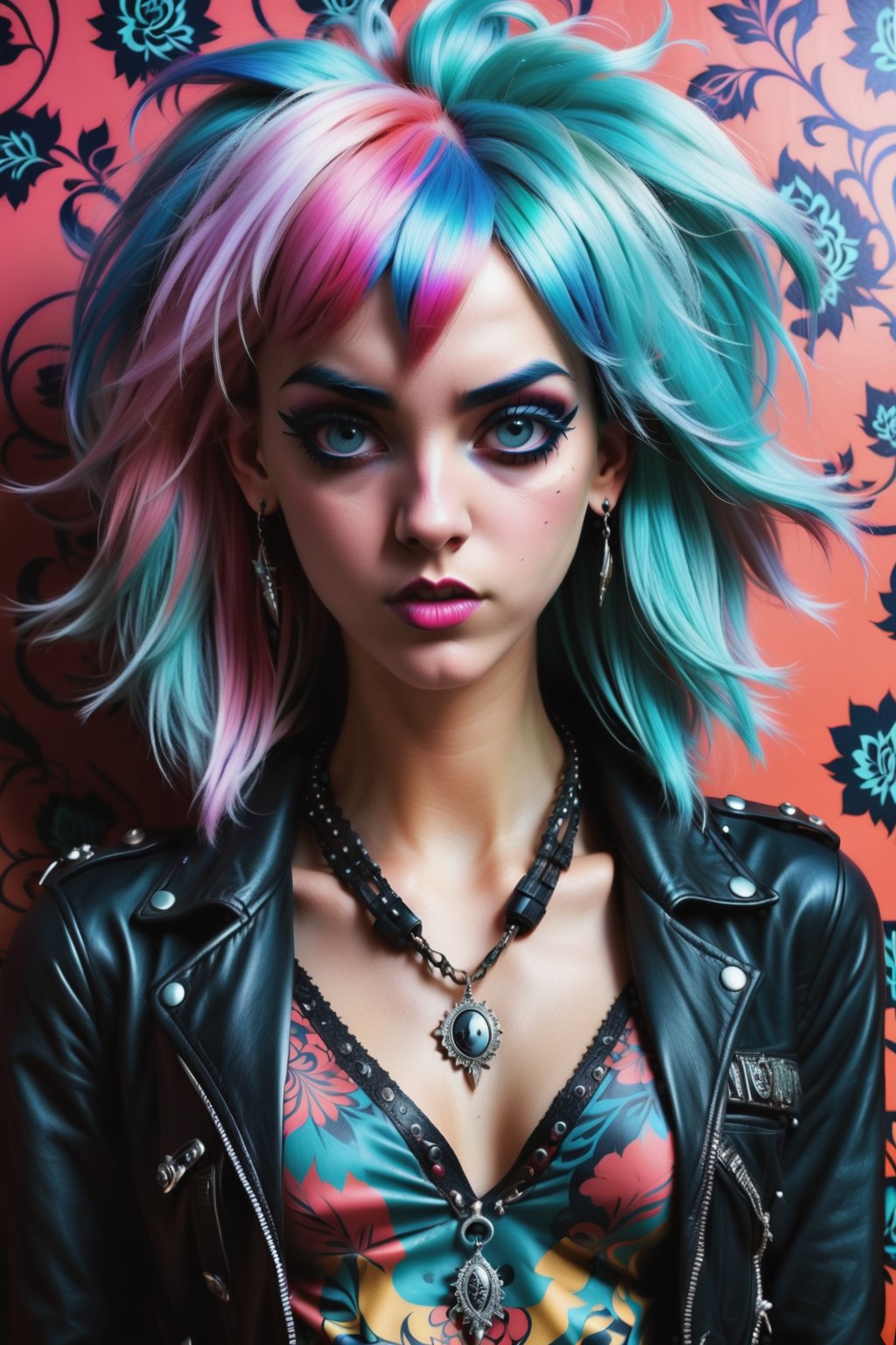 combine all of the below to make a beautiful british punk rocker woman, streaked multi-colored pastel hair wearing an elaborate british punk rock necklace, jewelry, long dangle earrings, sexy intricate punk rock outfit, hayv kahraman style, background of vivid colorful intricate william morris wallpaper