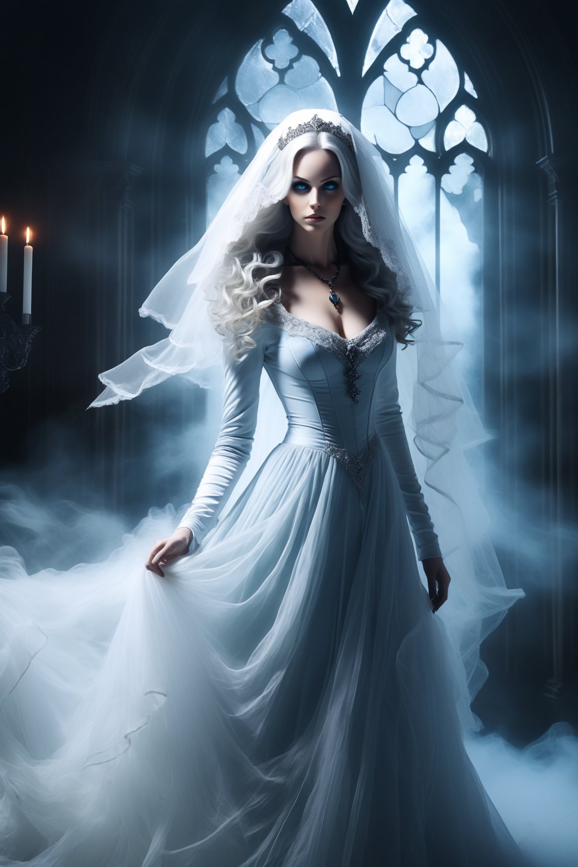 cowboy shot dynamic pose portrait featuring a beautiful woman dressed in a long elaborate gothic gown,  resembling a ghost...