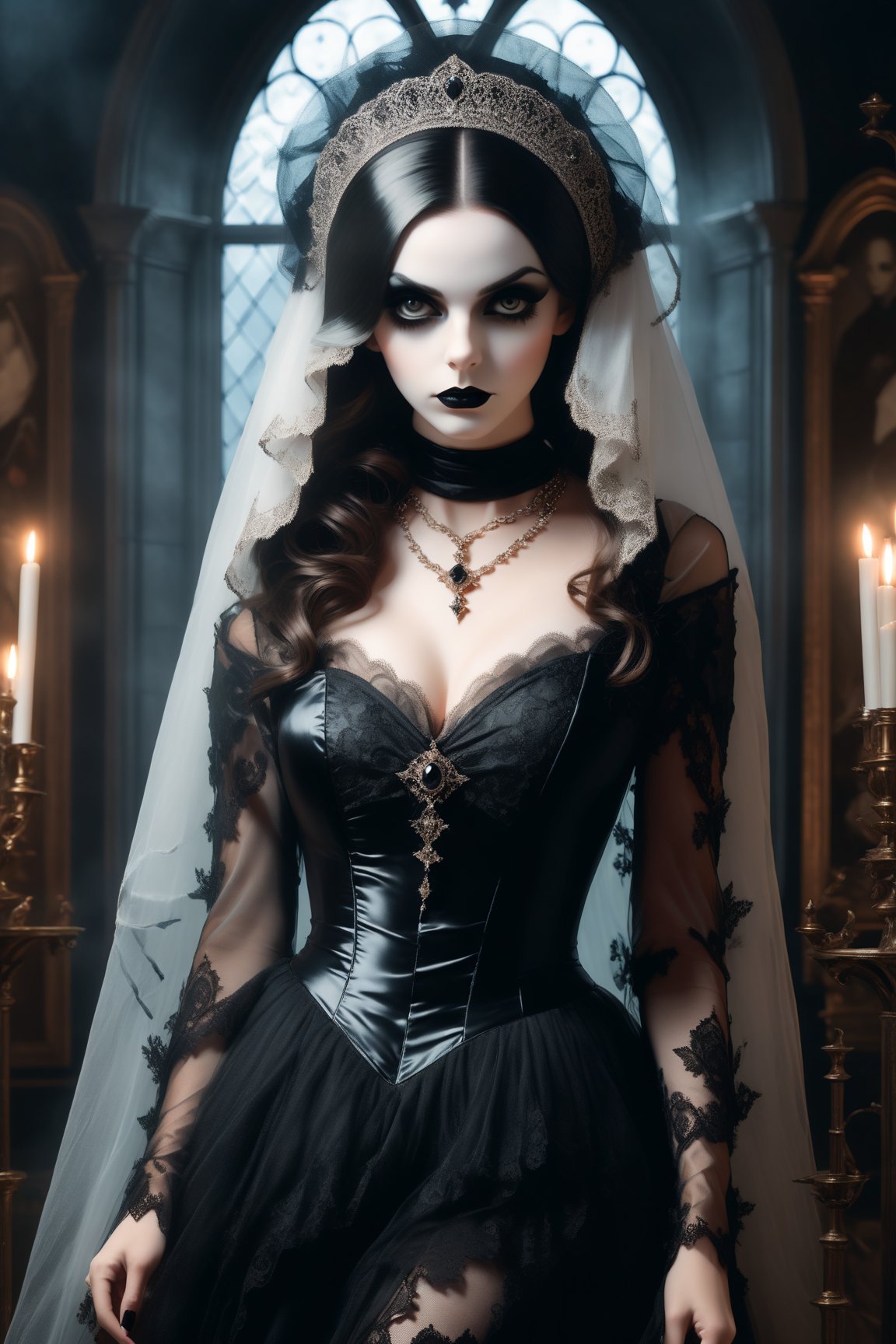 portrait of a sexy beautiful woman dressed in a long elaborate gown,  resembling ghostly figure. She is wearing a black ve...