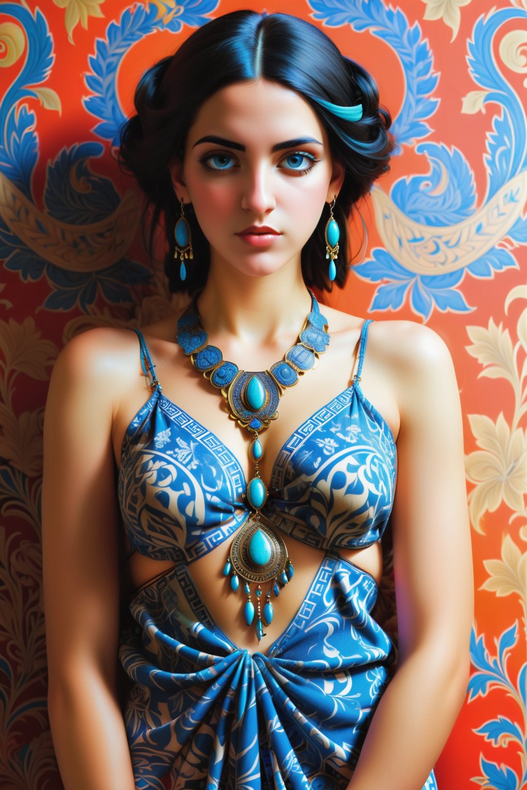 full body shot, full body portrait photo, combine all of the below to make a beautiful Greek young woman, wearing an elaborate greek inspired necklace, jewelry, long dangle earrings, sexy intricate greek outfit, greek sandals, hayv kahraman style, background of vivid colorful intricate william morris wallpaper, full body shot,