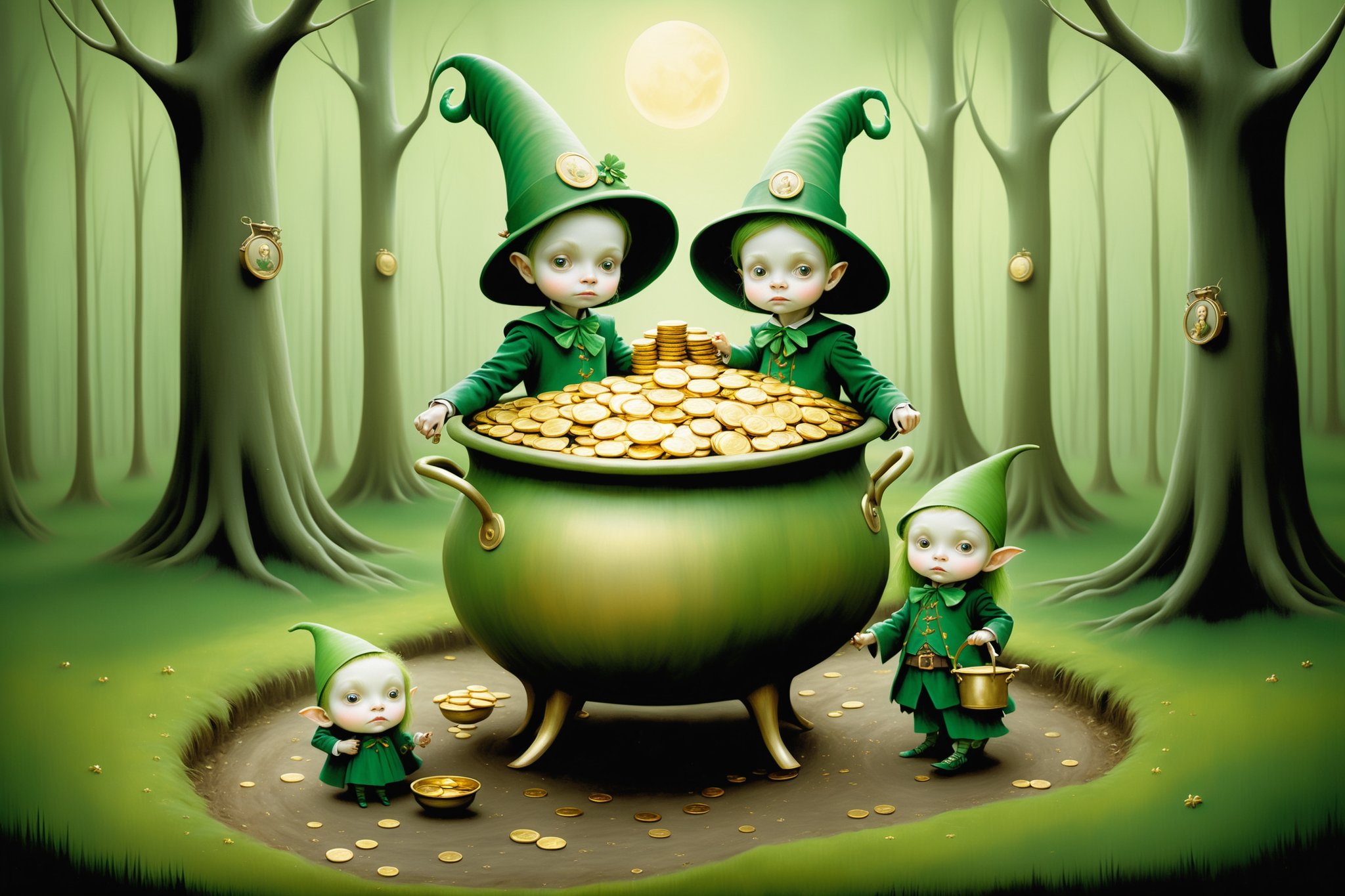 Cinematic scene - irish leprechauns in green outfits in a lush irish forest with a big pot of gold and gold coins scattere...