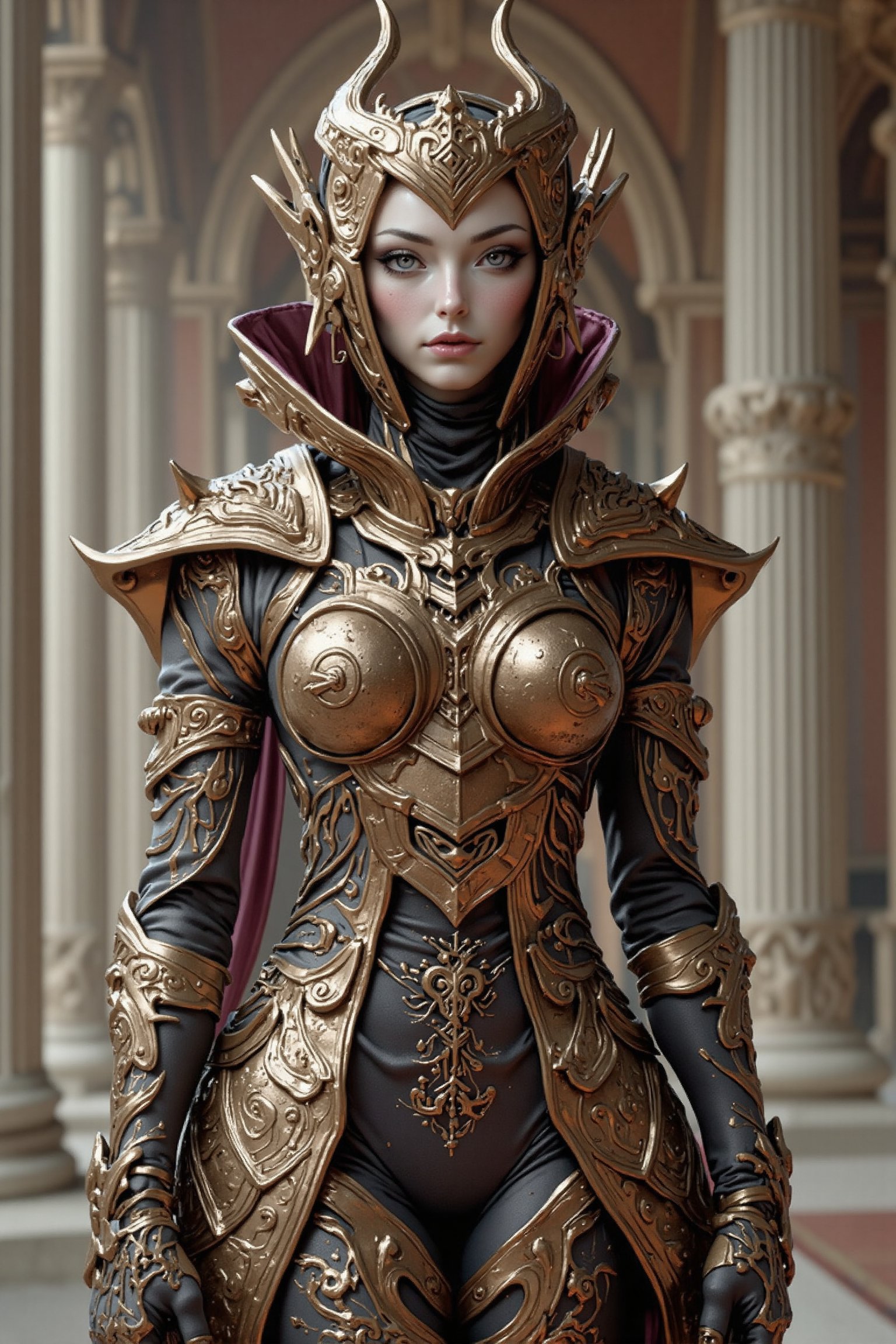 Create an attractive,  beautiful female alien queen wearing an elaborate futuristic unique outfit and she is standing in a...