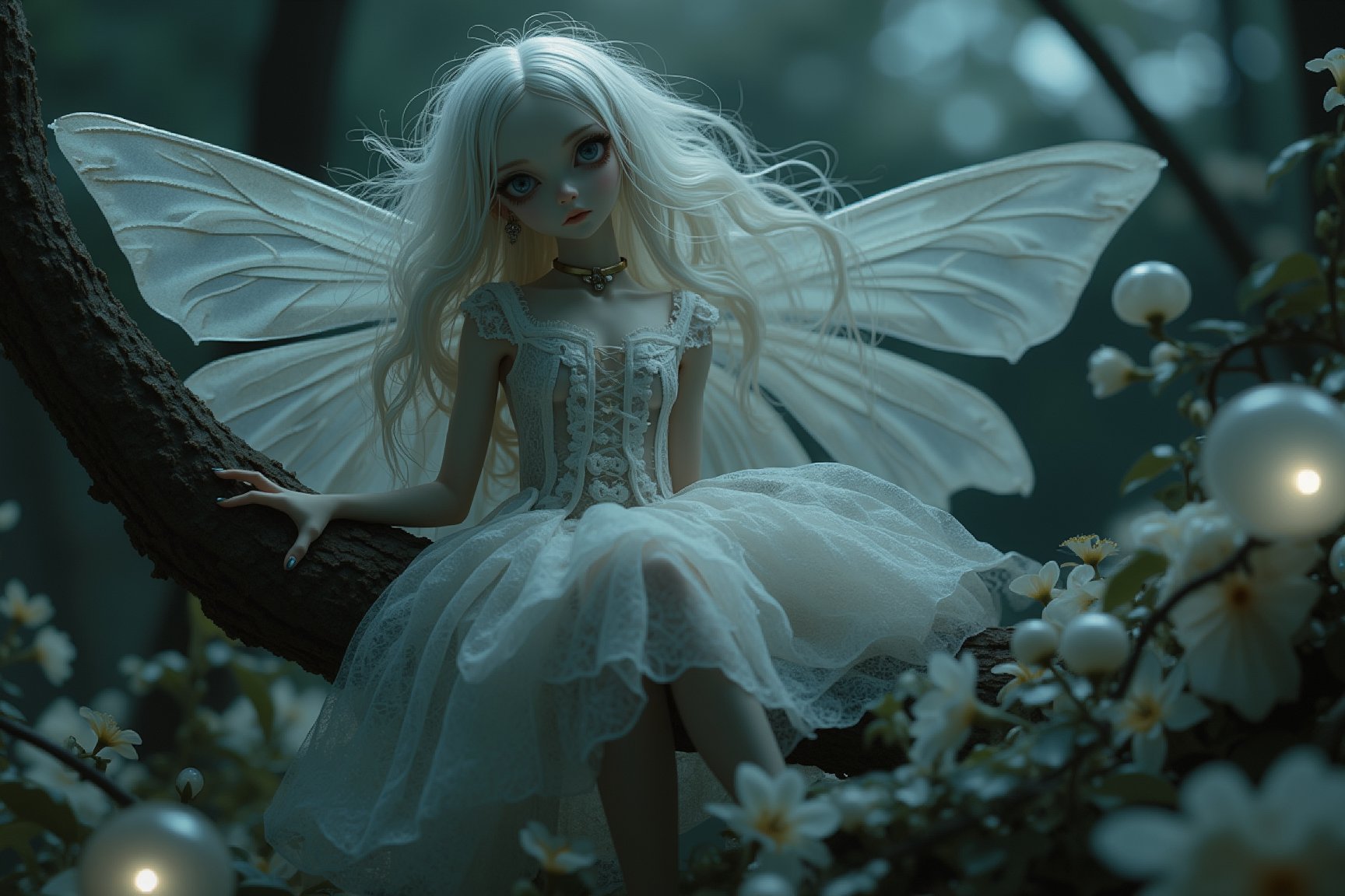 long shot, a beautiful doll-like gothic fairy girl with large detailed eyes and pale porcelain face and translucent wings. she sits on a tree limb, legs dangling in front of her in a garden of dark flowers and glowing orbs, illuminating the night with her ethereal presence.