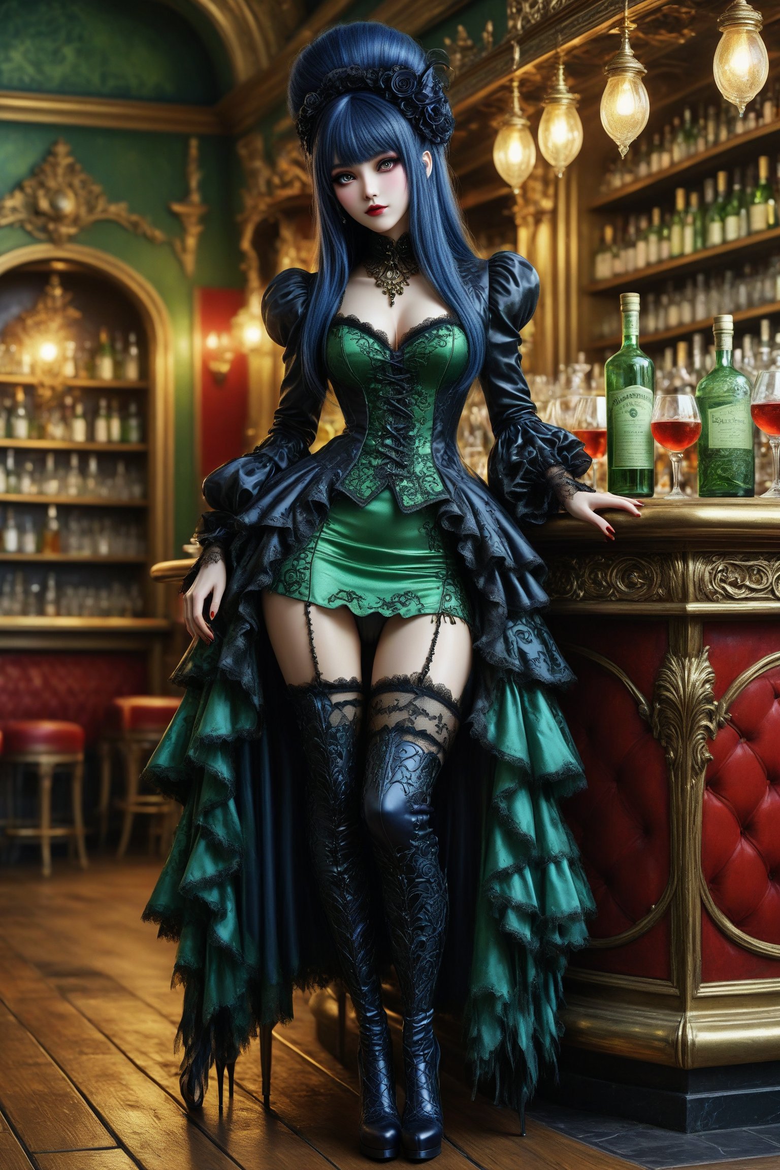 full body shot, side view a beautiful stunning french woman, standing to the right side of a bar in a french absinthe bar at night. on the bar counter are bottles and glasses of green absinthe next to her. her beautiful outfit is a fusion of elaborate rococo, high fashion gothic outfit with brocade patterns, luxurious fabrics, rich colors of gold, red,  black. knee high boots. she has large, round cat eyes. straight long vivid dark blue hair with fringe and bangs. perfect female anatomy, goth person, pastel goth, dal, Gaelic Pattern Style,