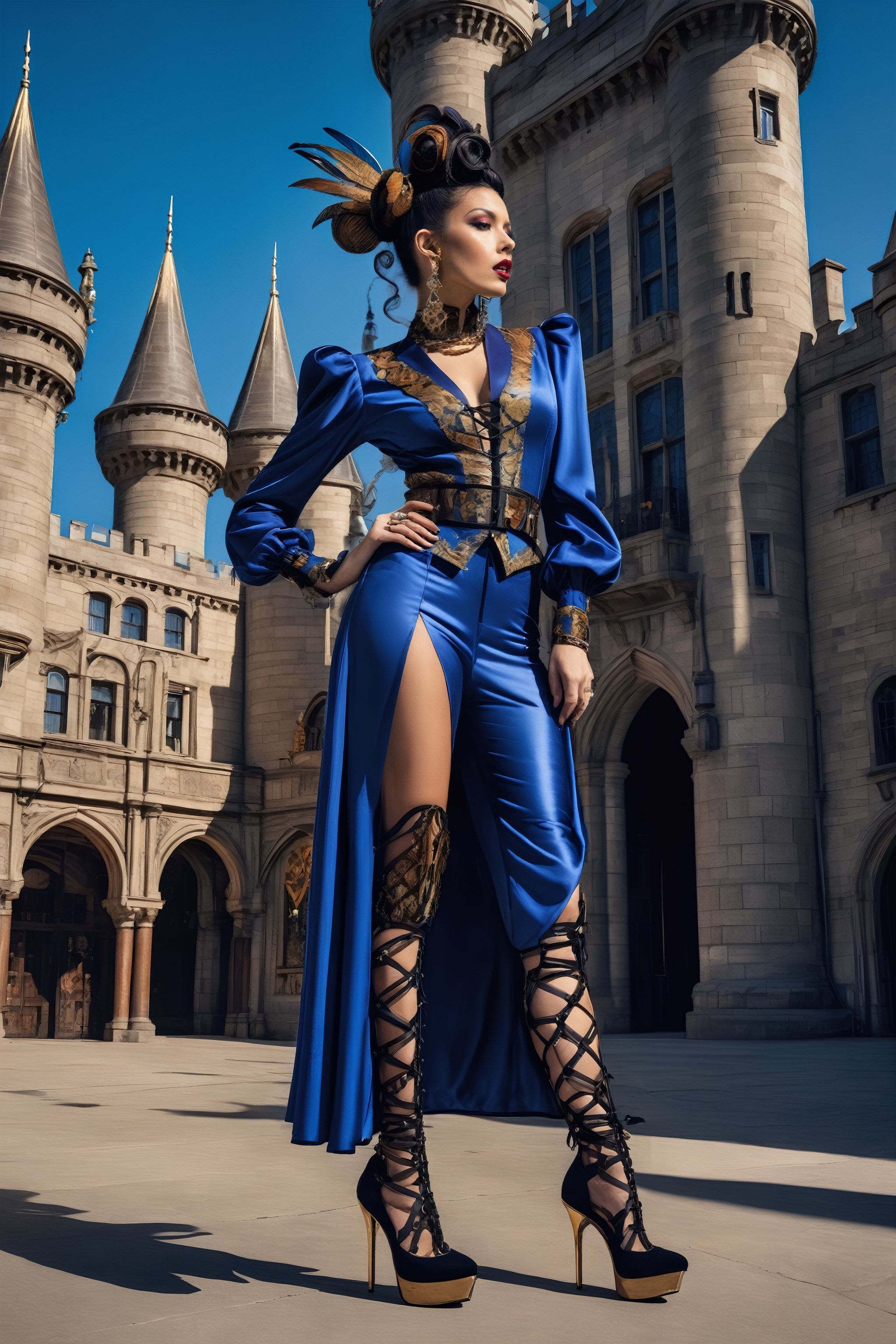 Envision elaborate futuristic victorian inspired women's clothing made of colored silk embroidered with art deco patterns,...