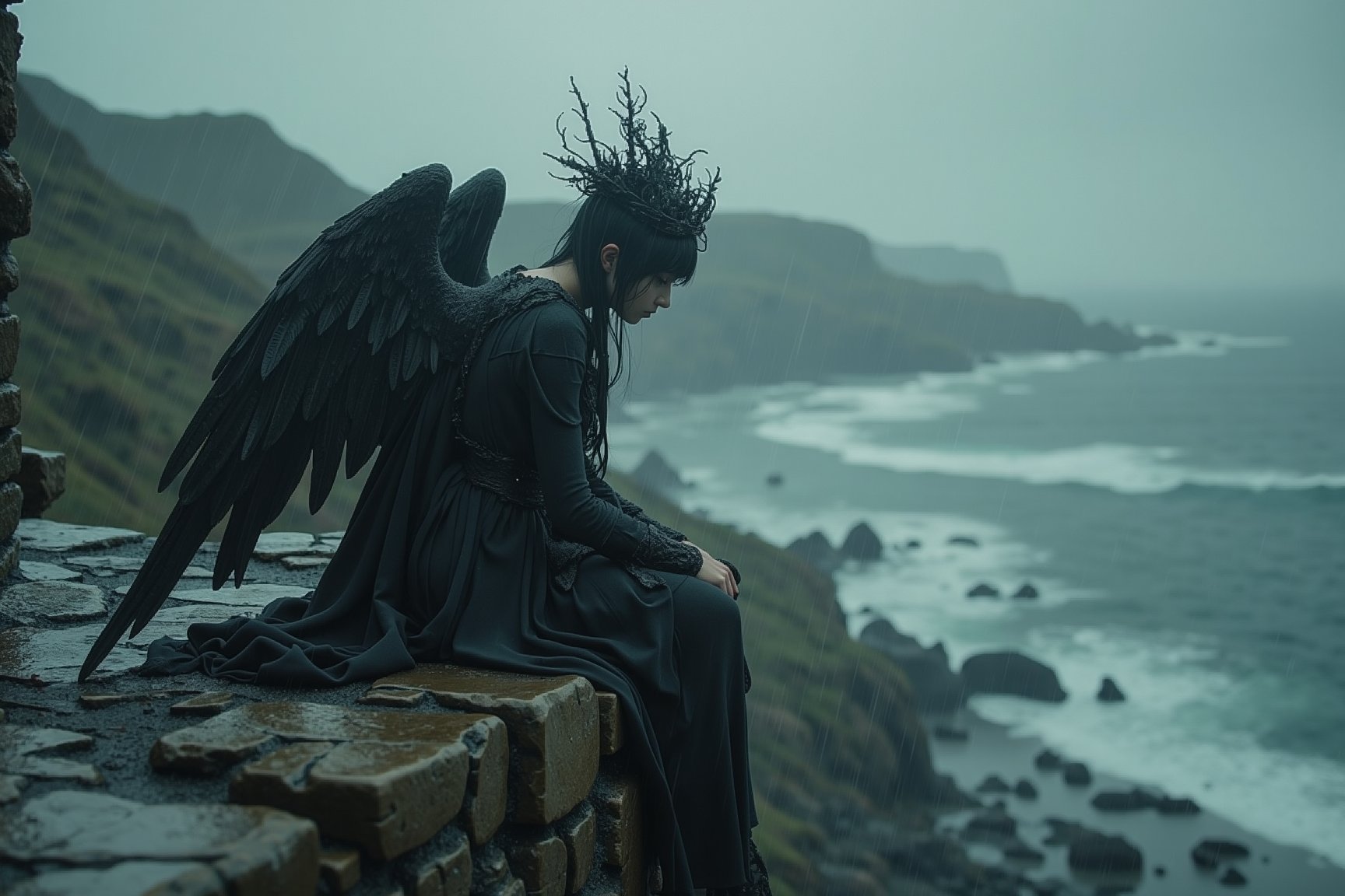 long shot, side view, A beautiful dark gothic angel with feathered wings, perched on a crumbling stone wall on a cliff in the rain, gazing out over a vast stormy sea, embodying the struggle between light and darkness.