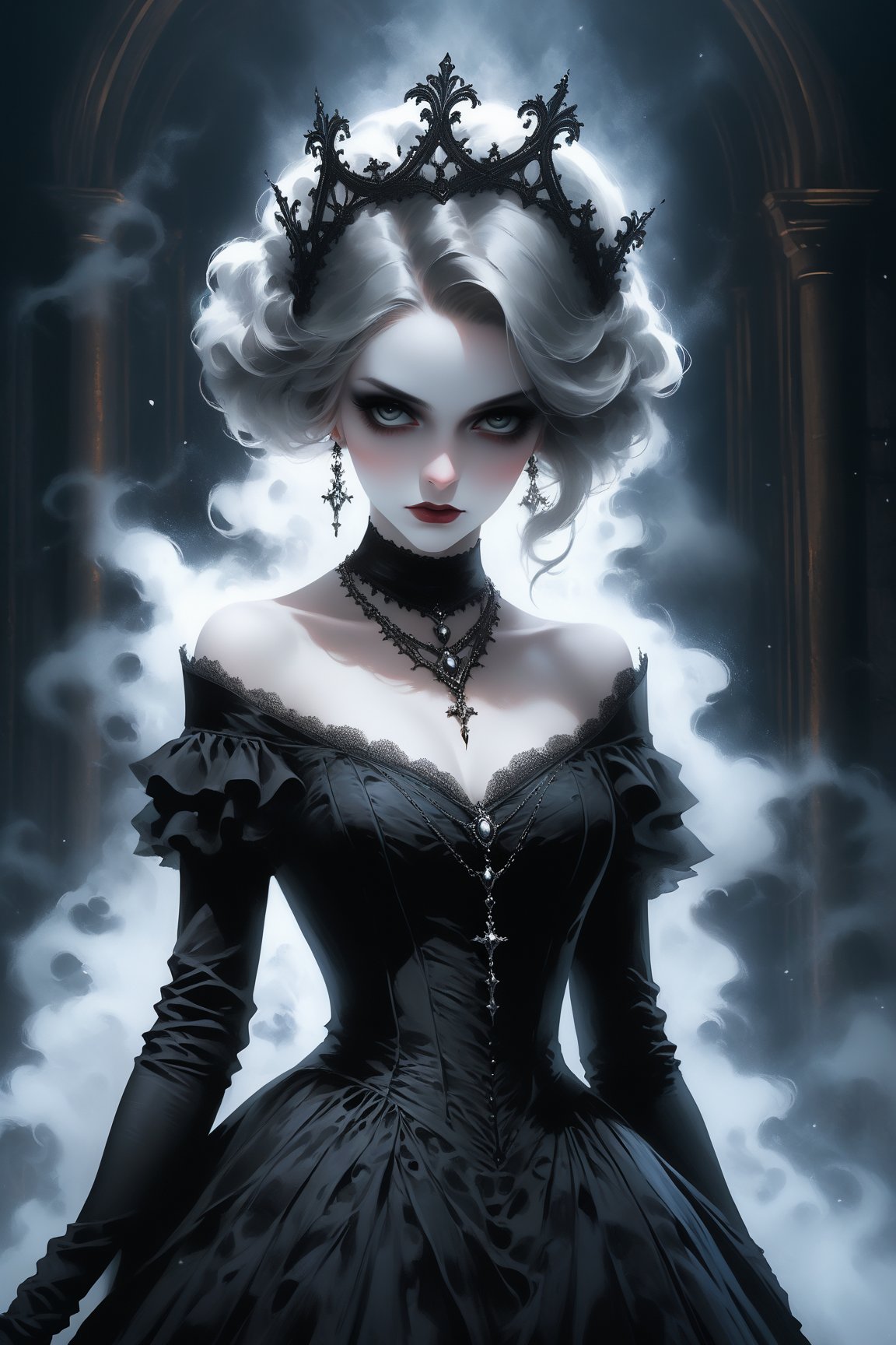 portrait of a sexy beautiful woman dressed in a long elaborate black gothic gown,  resembling a ghostly figure apparition....