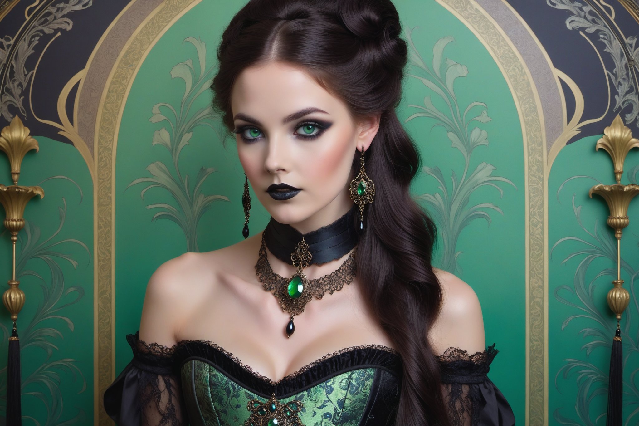 portrait of a beautiful young victorian woman. (green eyes). dark gothic make-up,  elaborate art nouveau victorian brocade...
