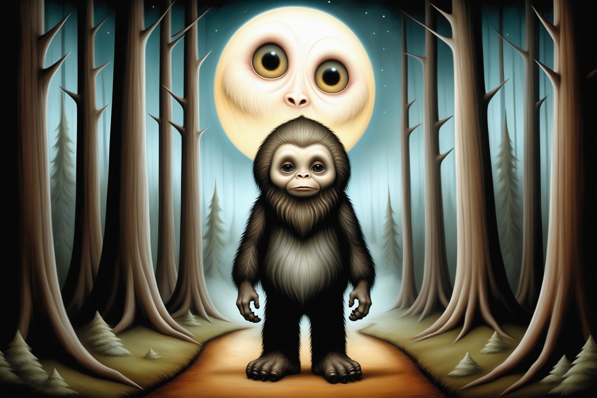 Cinematic scene - bigfoot in a redwood forest northern california in the style of Nicoletta Ceccoli,  Mark Ryden and Esao...