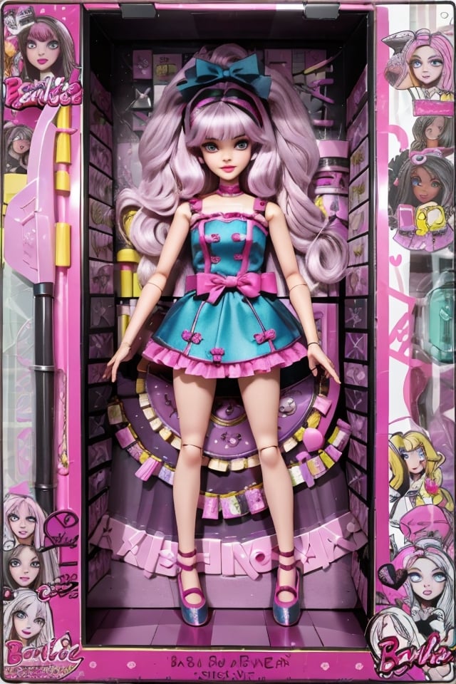 inboxDollPlaySetQuiron style, gift box, no humans, playset, decorative box, full body, cover page, toy, character print, doll, toy playset pack, in a gift box,  monster high mattel style doll, frankie stein doll, make up, full body doll in box, doll-sized accessories