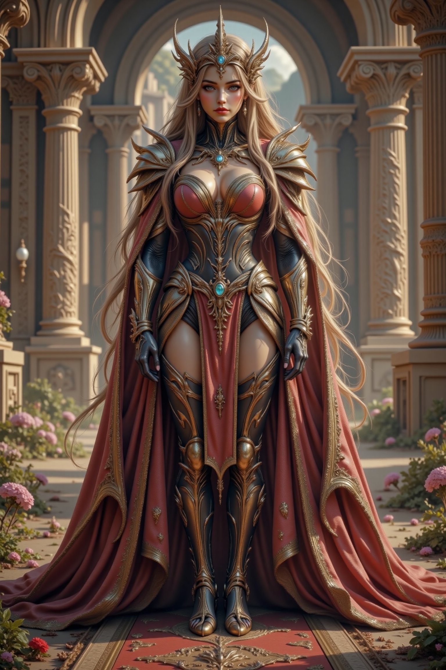 Create an attractive,  beautiful female humanoid alien princess wearing an elaborate royal outfit and she is standing in a...