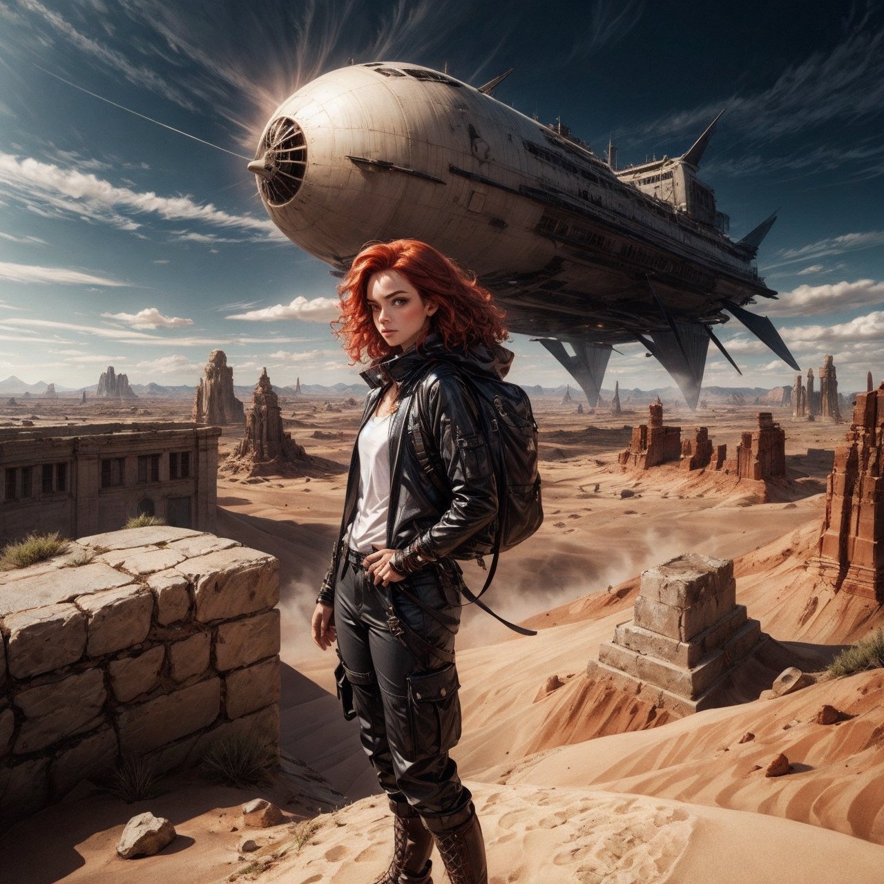 a side view of 1girl attractive female explorer with long thick curly vivid red hair,  ice green eyes,  freckles. she is c...