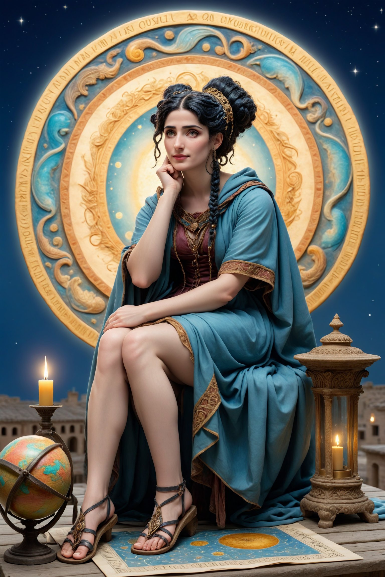 Cinematic scene - long shot of a 40-year old Hypatia of alexandria, mathematician, astronomer, and philosopher in ancient Alexandria in a fusion of rococo, greco-roman and gothic punk. she has jet black hair in elaborate braids and buns.  she has round large big copper eyes, she has a benevolent smile and intelligence emanates from her. she wears a modest "philosopher's cloak" a Ionic chiton or doric chiton, and roman sandals on her feet. she is facing away from the viewer sitting at a large ancient wooden table outside under the night sky with a full moon and stars in ancient alexandria egypt. on the table sits a large illustrated astronomical astrological map. also on the table is a small detailed astrolabe used for solving astrological calculations, a model of the solar system and an ancient clay roman oil lamp providing illumination. she is an astronomer and teacher. perfect female anatomy, goth person, pastel goth, dal, Gaelic Pattern Style, Cinematic scene - long shot