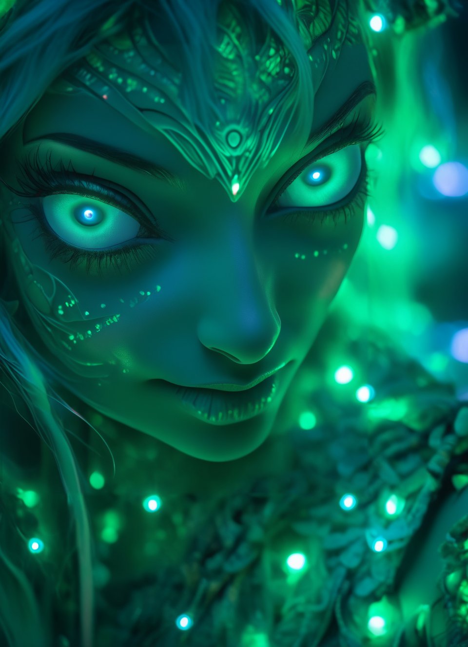 close up portrait (sacred night and elf puppet),(ultra-fine HDR), extremely delicate and beautiful girl with white traslucent opalescent skin, closed mouth, glowing intricate round human detailed eyes, glowing tattoos on face, glowing floating translucent orbs, vivid green hair floating breezy