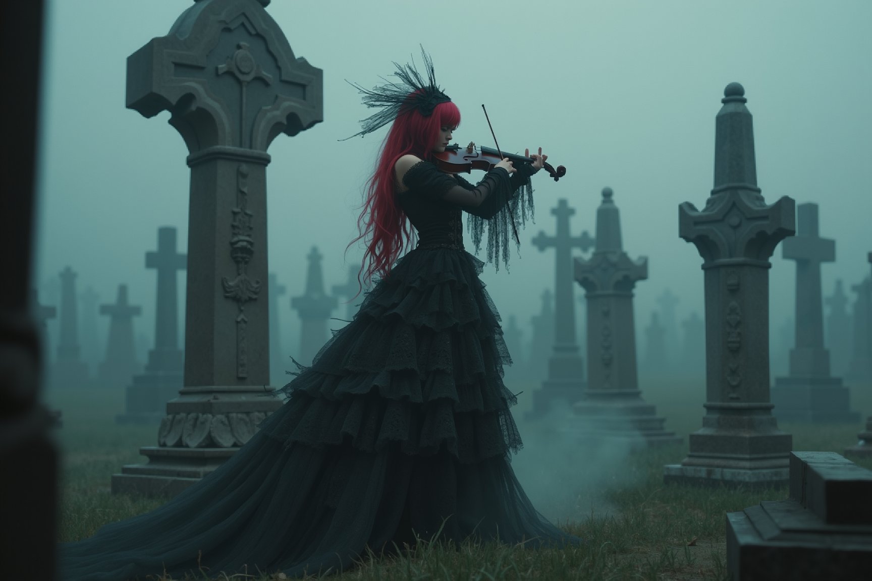 long shot, side view, A beautiful woman in an elaborate gothich outfit and vivid red long hair is playing a violin in a misty graveyard, playing a mournful tune, her silhouette framed by the gravestones as the mist curls around her, studio lighting.