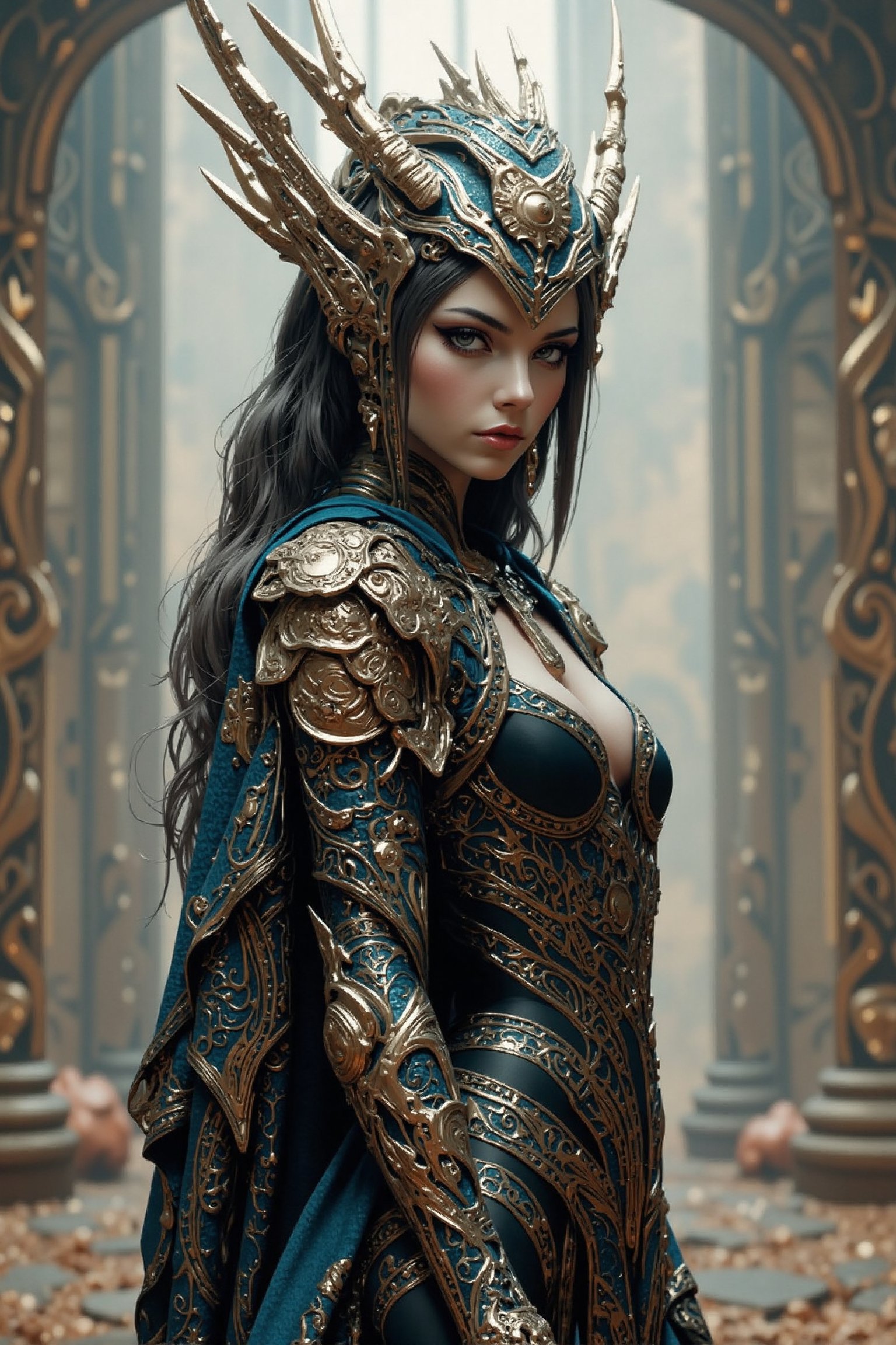 Create an attractive,  beautiful female alien queen wearing an elaborate futuristic unique outfit and she is standing in a...