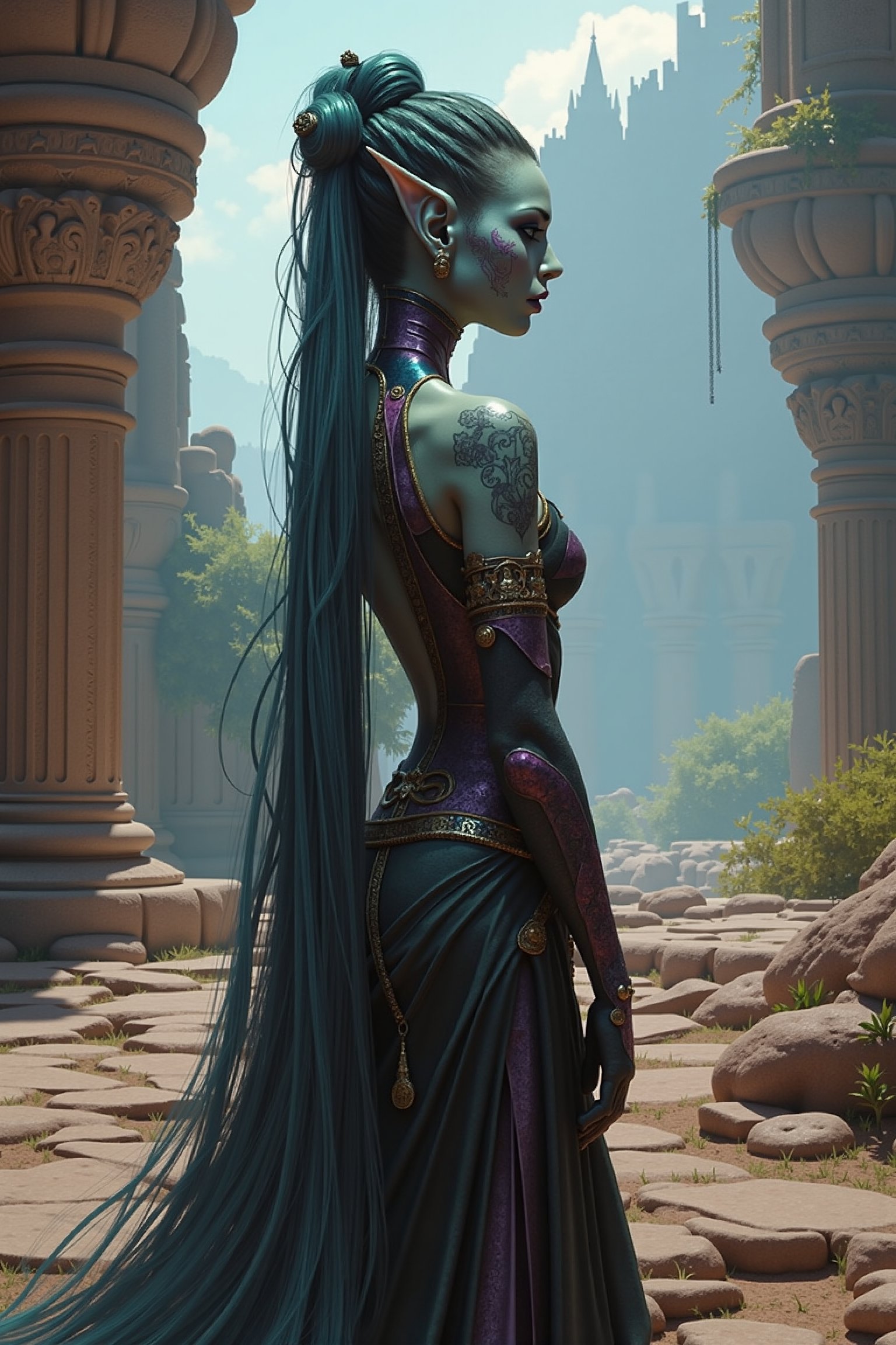 Create a full body shot of a beautiful alien female gothic futuristic gypsy pastel big hair elaborate braids and buns with...