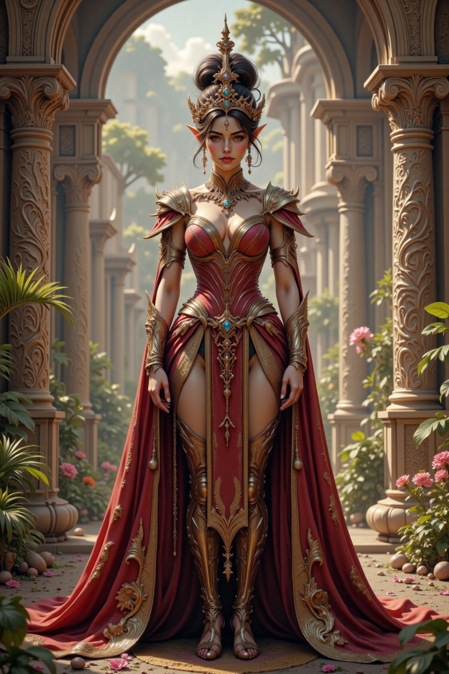 Create an attractive,  beautiful female humanoid alien princess wearing an elaborate royal outfit and she is standing in a...