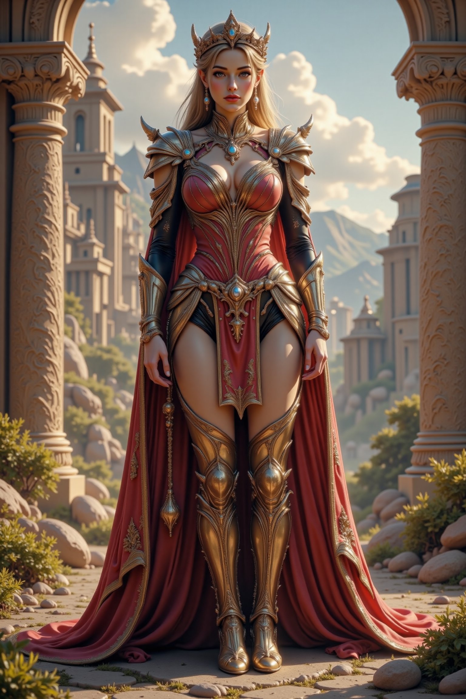 Create an attractive,  beautiful female humanoid alien princess wearing an elaborate royal outfit and she is standing in a...