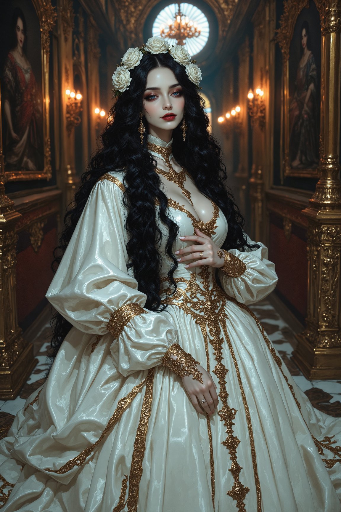long shot,  full body,  A captivating elegant and beautiful young tall gothic priestess woman draped in cascading white by...