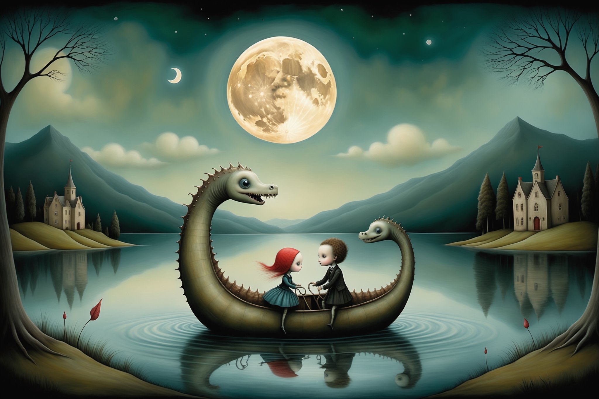 Cinematic scene - the loch ness monster in scotland swimming in the lake in the style of Nicoletta Ceccoli,  Mark Ryden an...