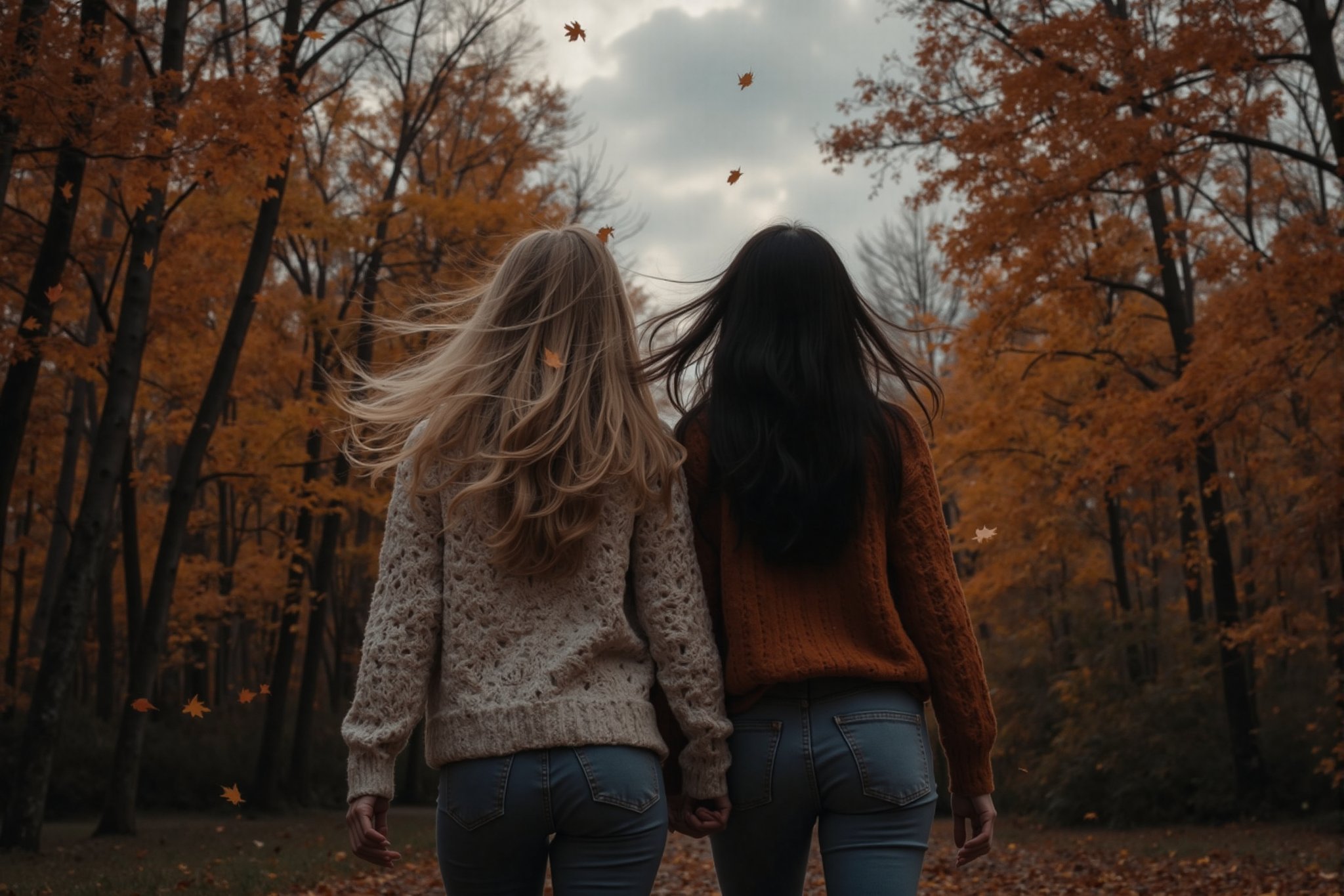 rear view long shot A scene of a high school age blonde young woman and her dark haired friend walking next to each other...
