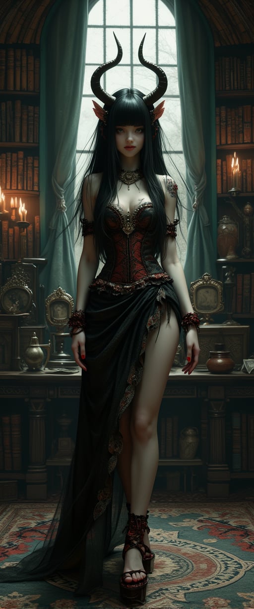 long shot, full body shot, A masterpiece of photorealistic artistry! A stunning Japanese demon girl stands proudly in an ancient elaborate library with patterned wallpaper, bookshelves full of ancient leather books, spell books, magic books, pictures of beautiful demons, witches, vampires hang on the walls, a tall gothic window is behind her with long velvet curtains. candles illuminate the library, Her extremely long big black hair cascades down her back like a waterfall of night, with blunt bangs framing her striking features. Her large round light green eyes shimmer, and her full lips curve into a playful smile as she gazes directly at the viewer. Her pale skin is adorned with intricate jewelry and nail polish designs, including red and black accents that match the bold hue of her fingernails.

she wears an intricate elaborate strappy corsett, Her elaborate brocade patterned skirt falls to below her knees, showcasing her long toned. legs She wears geta strappy sandals with platform heels that elevate her statuesque form, The overall atmosphere is one of mystique and allure, as if this enchanting demon girl is beckoning you into her world of wonder.