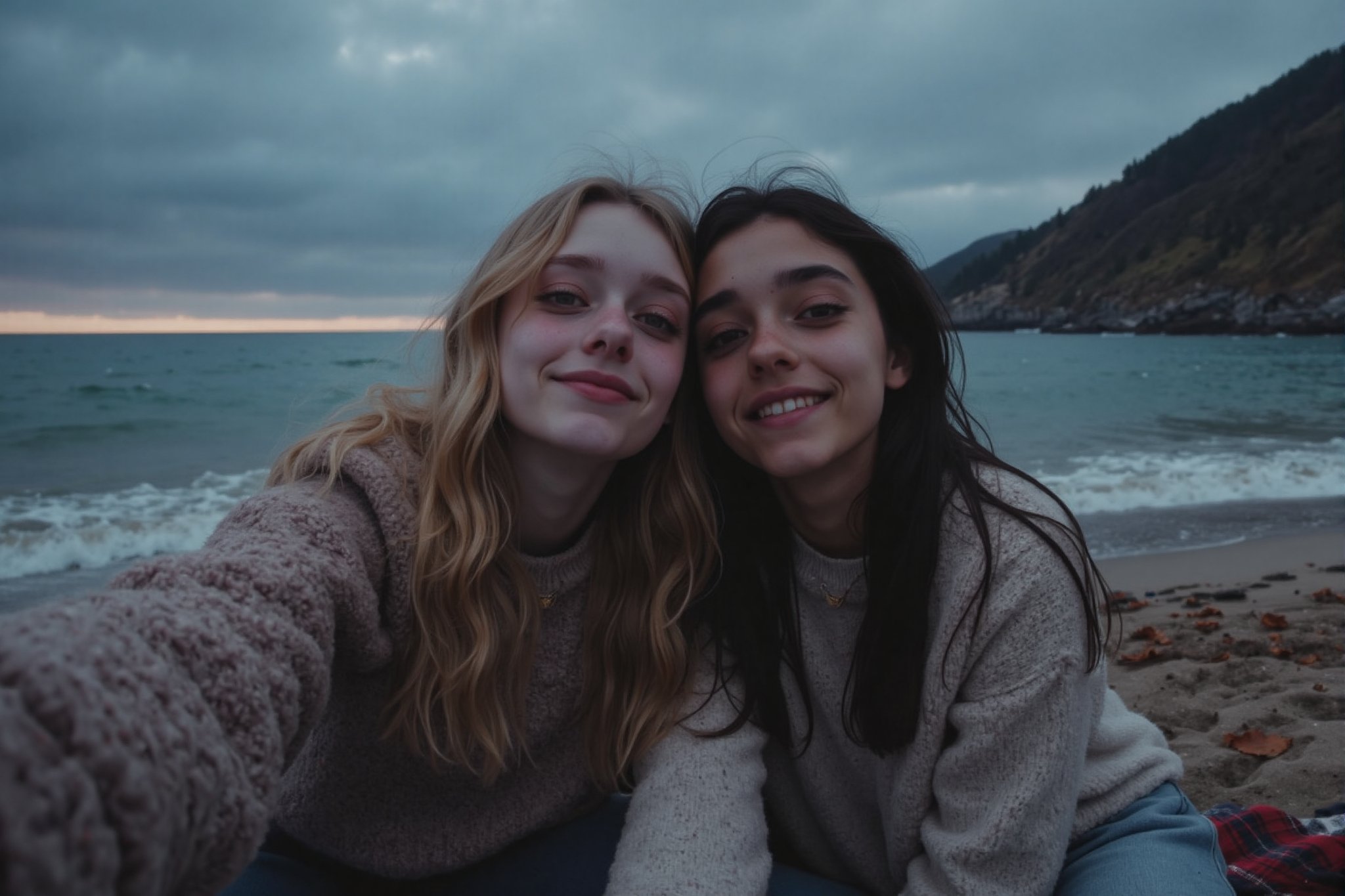 side view long shot A scene of a high school age blonde young woman and her dark haired friend sitting on a beach blanket...