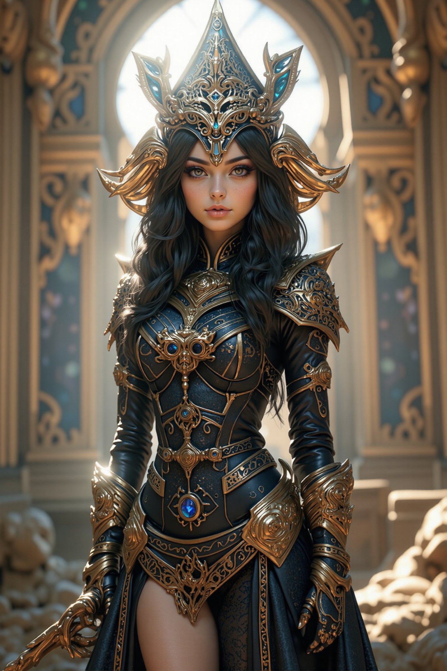 Create an attractive,  beautiful female alien queen wearing an elaborate futuristic unique outfit and she is standing in a...
