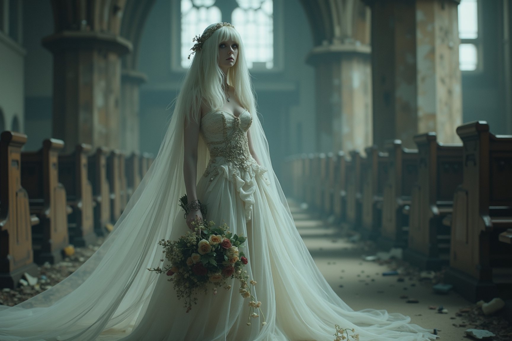 long shot, side view, A sad beautiful ghostly bride in a crumbling church, with long flowing white hair and a tattered wedding dress, blue eyes that tell a story of sorrow, carrying a wilted bouquet that symbolizes lost love, soft lighting.