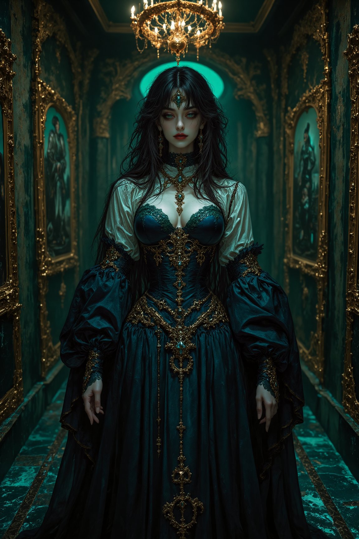 A captivating elegant and beautiful young gothic priestess woman stands in an eerie,  dimly lit chamber draped in cascadin...