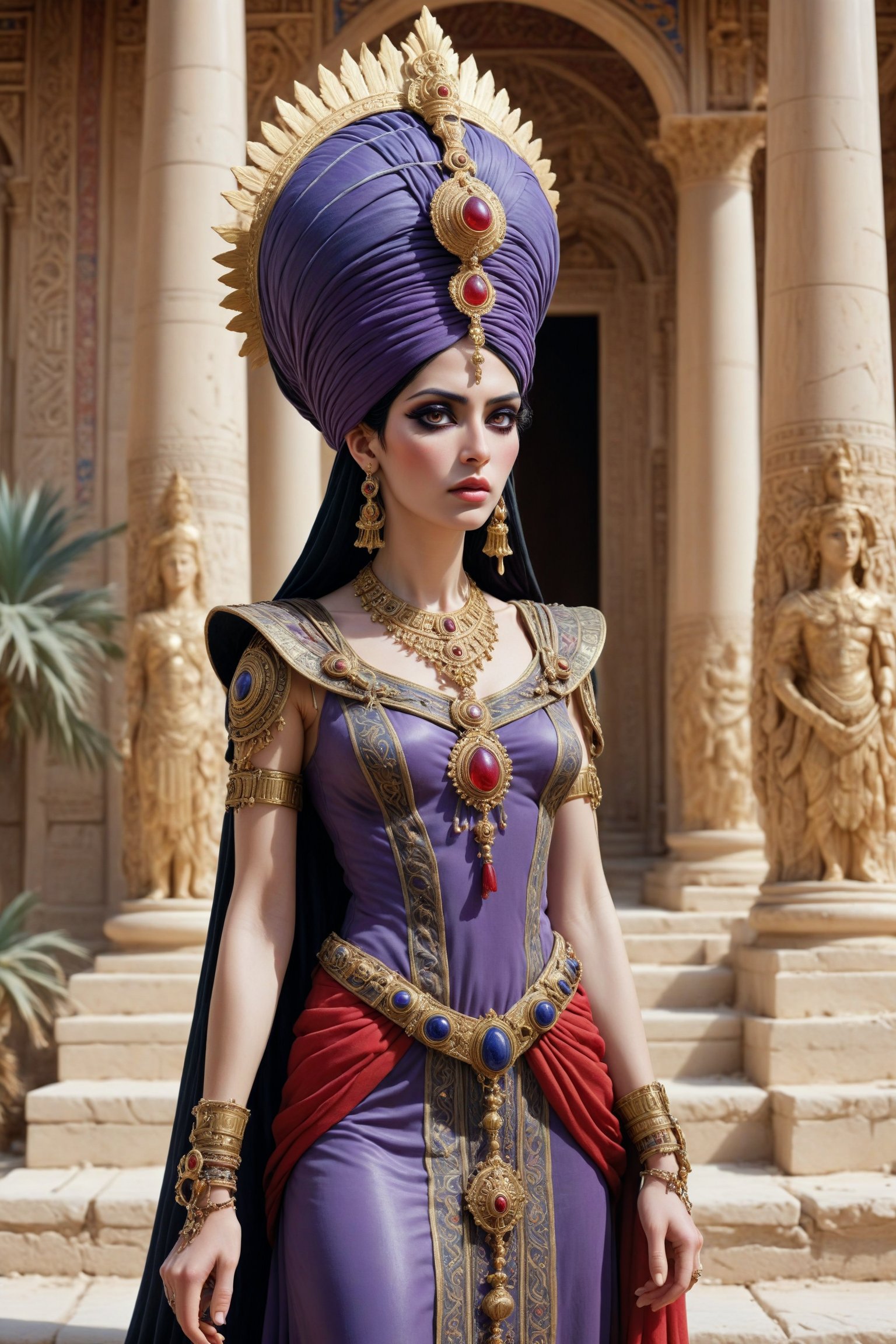 Cinematic scene - long shot, full body shot of Septimia Zenobia, a beautiful syrian queen in palmyra Syria in the third century c.e in a fusion of elaborate rococo, persian middle eastern parthian style and Greco-Roman and gothic punk. she has jet black hair. she has round large big copper eyes, she wears an elaborate middle eastern parthian style and Greco-Roman inspired royal gown in rich vibrant colors of red, purple, white gold, and black. she wears a turban, head ornament, crown and long shawl and an ancient syrian queen's head dress. elaborate earrings, necklaces and wrist cuffs made out of gold, lapis lazuli, amethyst. roman sandals on her feet. she walks down the steps in front of a luxurious temple, the detailed background is of a magnificent temple with painted columns. tall and small palm trees, statues, in the desert in the 3rd century a.d. perfect female anatomy, goth person, pastel goth, dal, Gaelic Pattern Style, full body shot, Cinematic scene - long shot