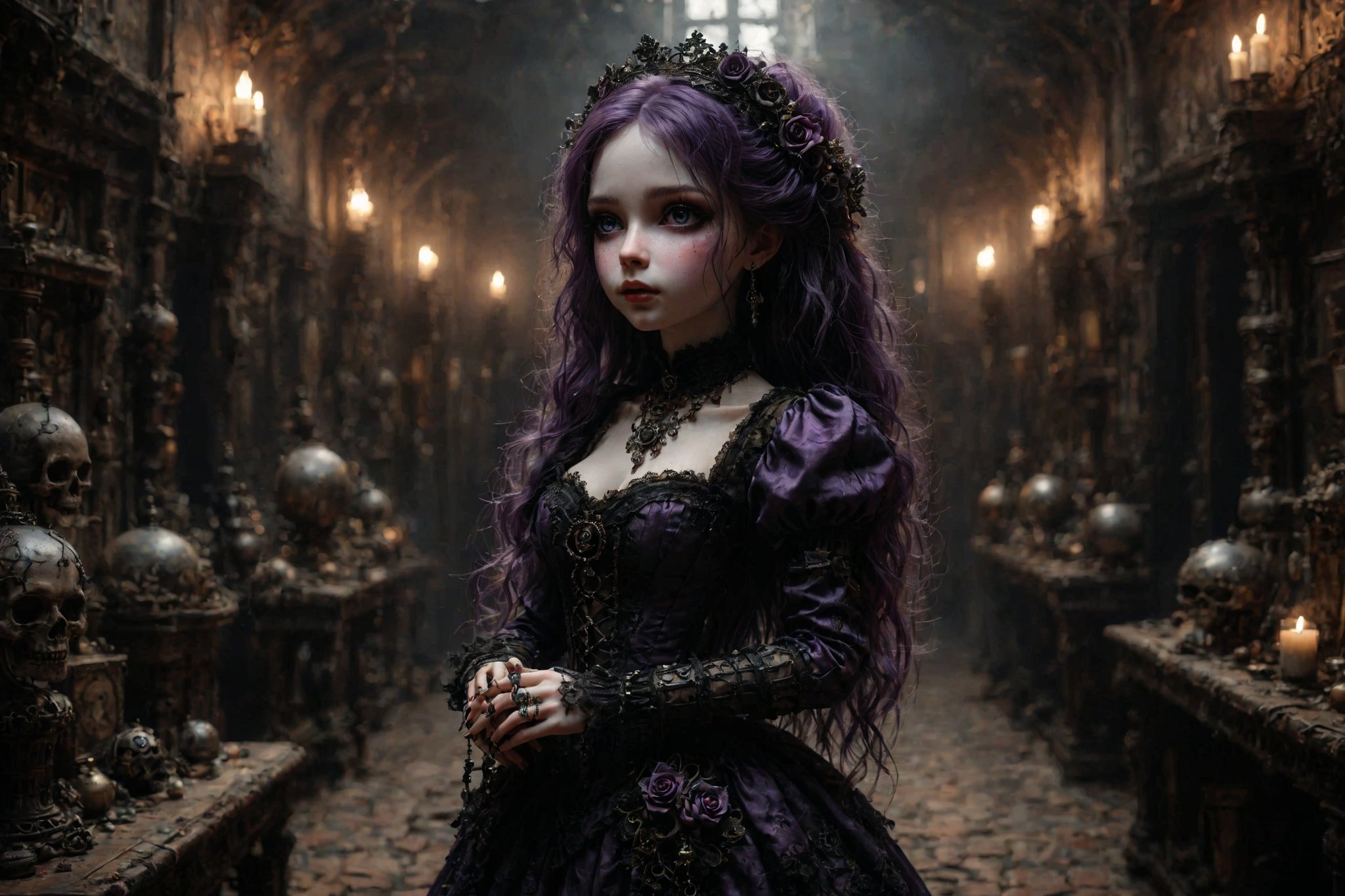 long shot, side view, in the distance is beautiful doll-like figure with large detailed purple eyes and pale porcelain face. she has long purple layered big hair. she has elaborate decorations and adornments in her hair. she wears an elaborate gothic outfit in colors of purple, grey, black. she wears chunky lace up boots and lace stockings. Include details such as pronounced closed mouth smile. elaborate gothic jewelry. behind her is a detailed very long dark ornate hallway with paintings on the walls. illuminated by candlelight. full body shot. (((perfect hands))) (((perfect fingers))) side view
