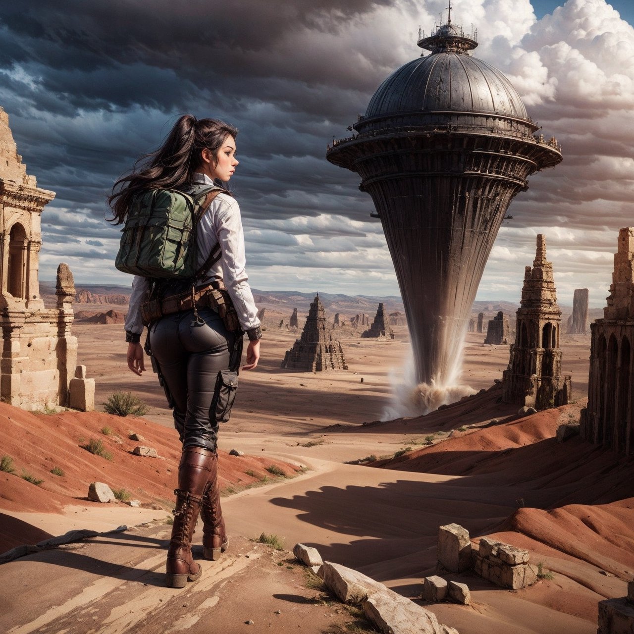 a side view of an attractive female explorer walking that wears a steampunk outfit,  jean cargo pants,  combat boots by ᕲᗩ...
