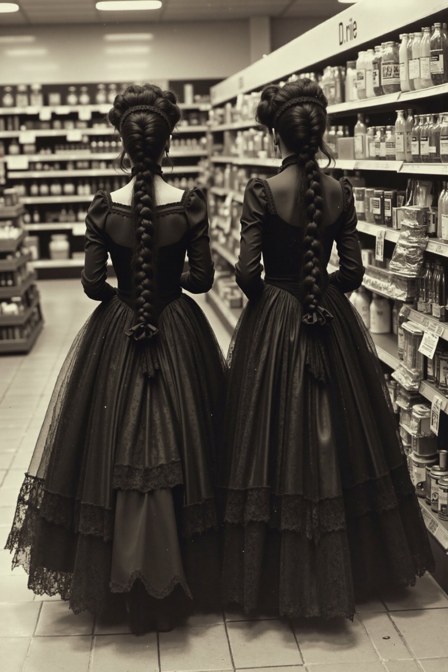 a realistic, detailed, photograph, b&w black and white sepia photo, to beautiful gothic twins, elaborate gothic dresses, long black hair in elaborate braids and buns, dark gothic make-up are walking down the aisle in a 1950's era grocery store. they are in their gothic costumes. the atmosphere is eerie and strange.