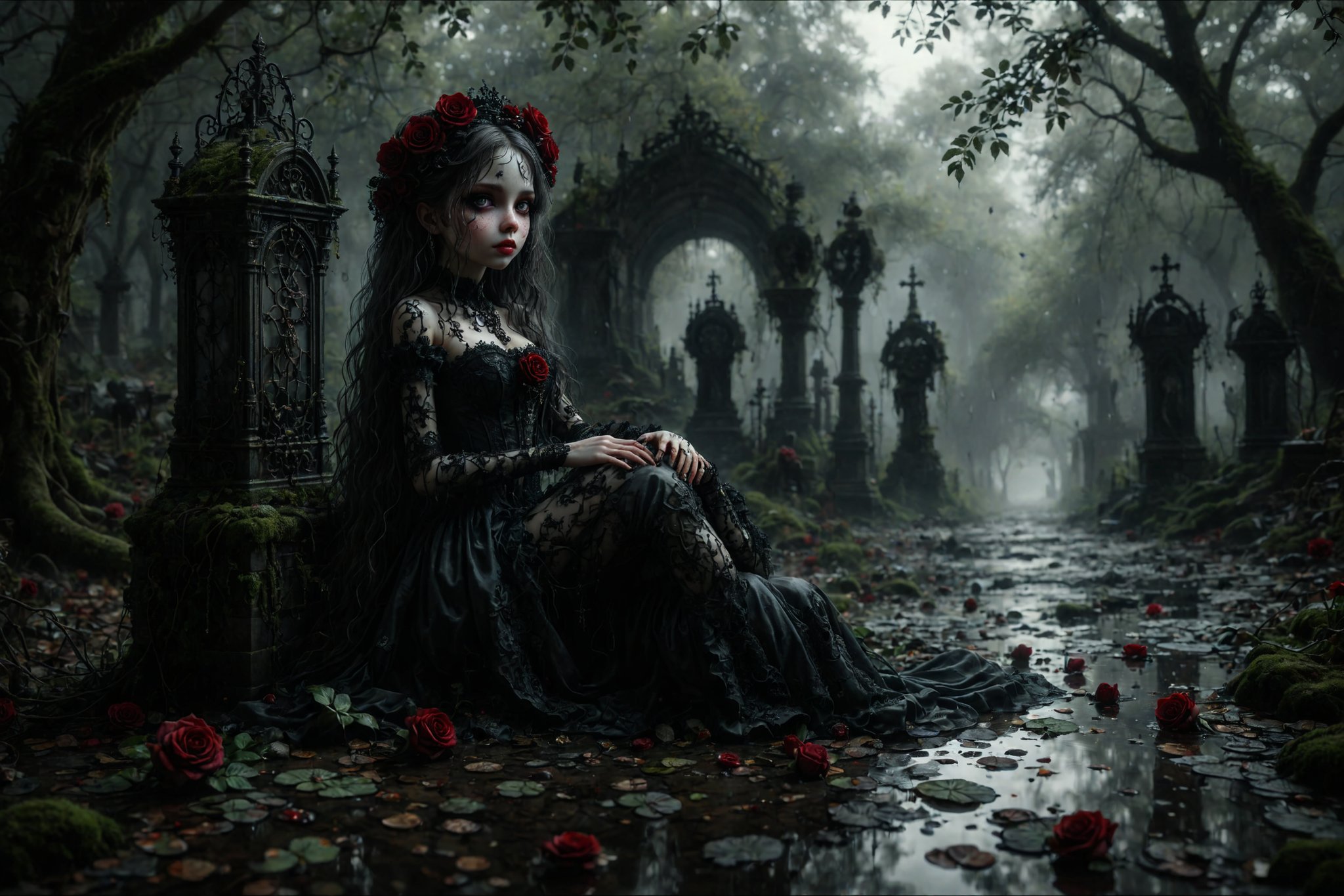 long shot, side view, create an image of a doll-like figure with large detailed green eyes and pale porcelain face. side view, long shot of a beautiful sad gothic girl, long hair, wearing an detailed elaborate gothic outfit. sitting under a weeping willow tree in a cemetary in the rain, cloudy sky, in the puddle of water is a broken heart in the water's reflection. red and black long stem roses scattered on the ground. in the style of Toon Hertz, Mark Ryden, Nicoletta Ceccoli. she has long grey ringlet curls hair. she has elaborate decorations and adornments in her hair. she wears an elaborate gothic outfit in colors of black, red, silver, grey. she wears chunky lace up boots and lace stockings. Include details such as pronounced closed mouth smile. elaborate gothic jewelry. behind her is a detailed long dark hallway with paintings on the walls. full body shot. (((perfect hands))) perfect fingers))) 
