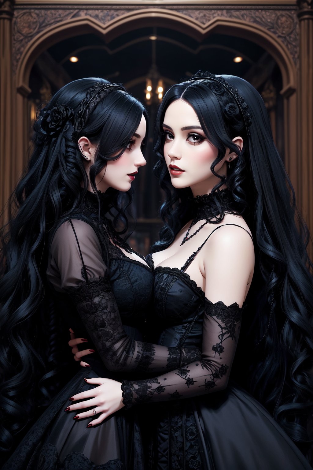 vampire couple, two women lovers gothic, side by side, looking at each other, in each others eyes passionately. one girl with long curly blue hair, blue elaborate gothic lolita outfit, one girl with long curly black hair in a black elaborate lolita gothic outfit, embracing each other, horror, dark romantism, raw concept art, masterpiece illustration