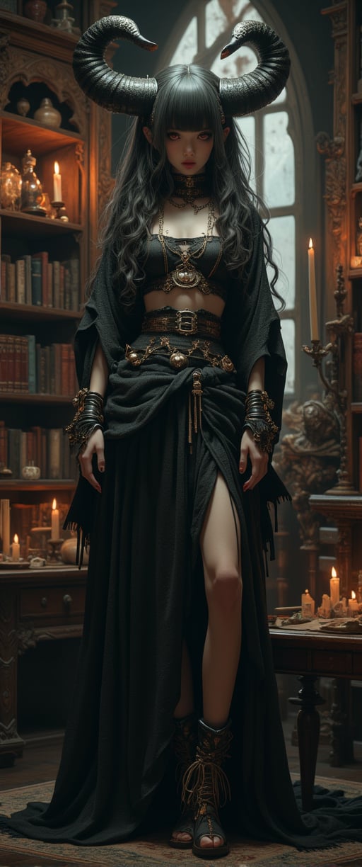 long shot, full body shot, A masterpiece of photorealistic artistry! A stunning Japanese demon girl stands proudly in an ancient witch lair, occult items, decorations, artifacts, objects on bookshelves with ancient leather books, spell books, magic books, pictures of beautiful demons, witches, vampires hang on the walls, a tall gothic window is behind her with long velvet curtains. candles illuminate the library, she has sharp devil demon horns on her head, Her extremely long big curly black hair cascades down her back like a waterfall of night, with blunt bangs framing her striking features. Her large round red eyes shimmer, and her full lips curve into a playful smile as she gazes directly at the viewer. Her pale skin is adorned with intricate jewelry and her long sharp fingernails have vivid colored nail polish, including red and black accents. perfect female anatomy, perfect female hands, perfect manicured fingers, perfect legs, perfect feet