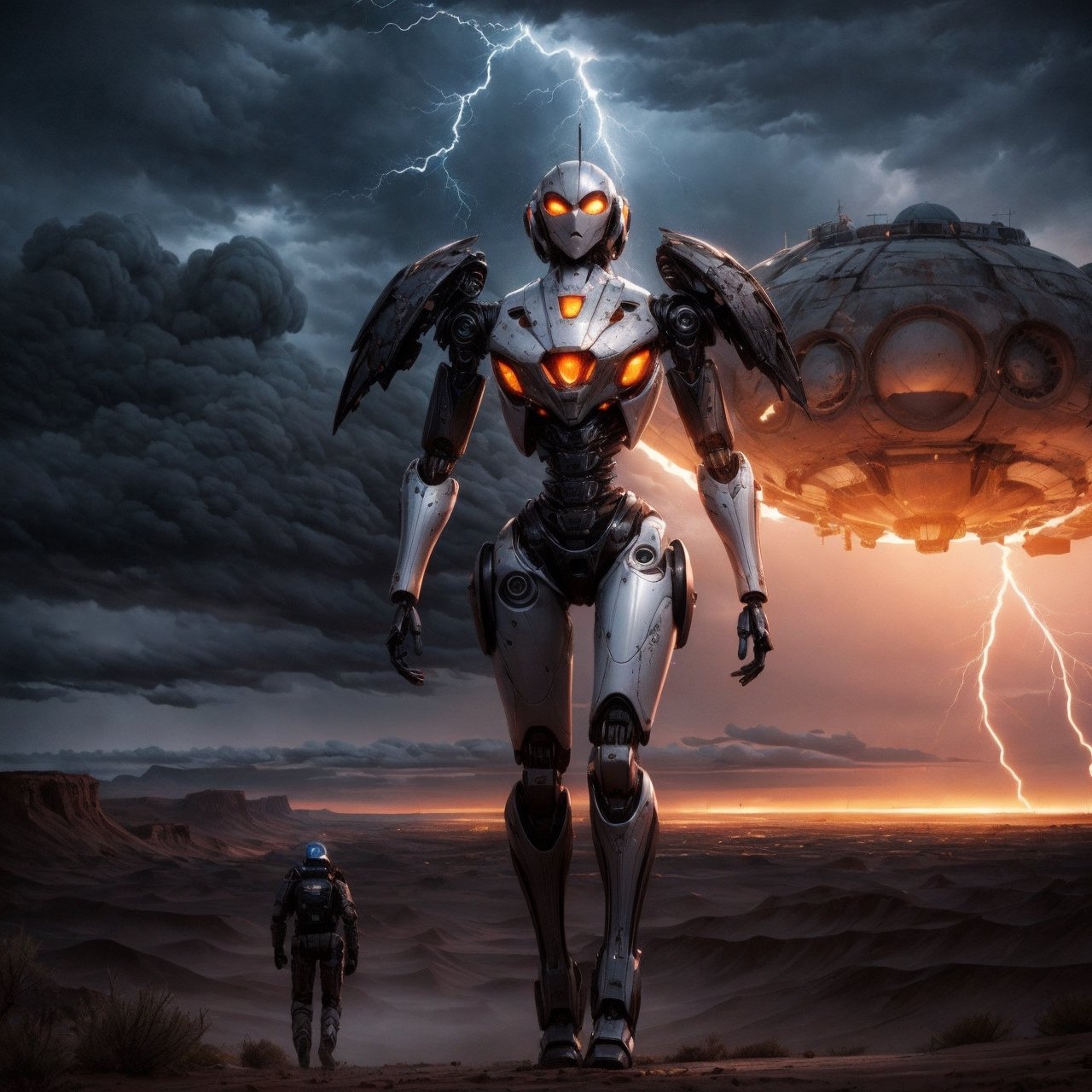 a giant,  20 ft tall android humanoid shaped robot is walking across the desert menacing. the android is metallic and mach...