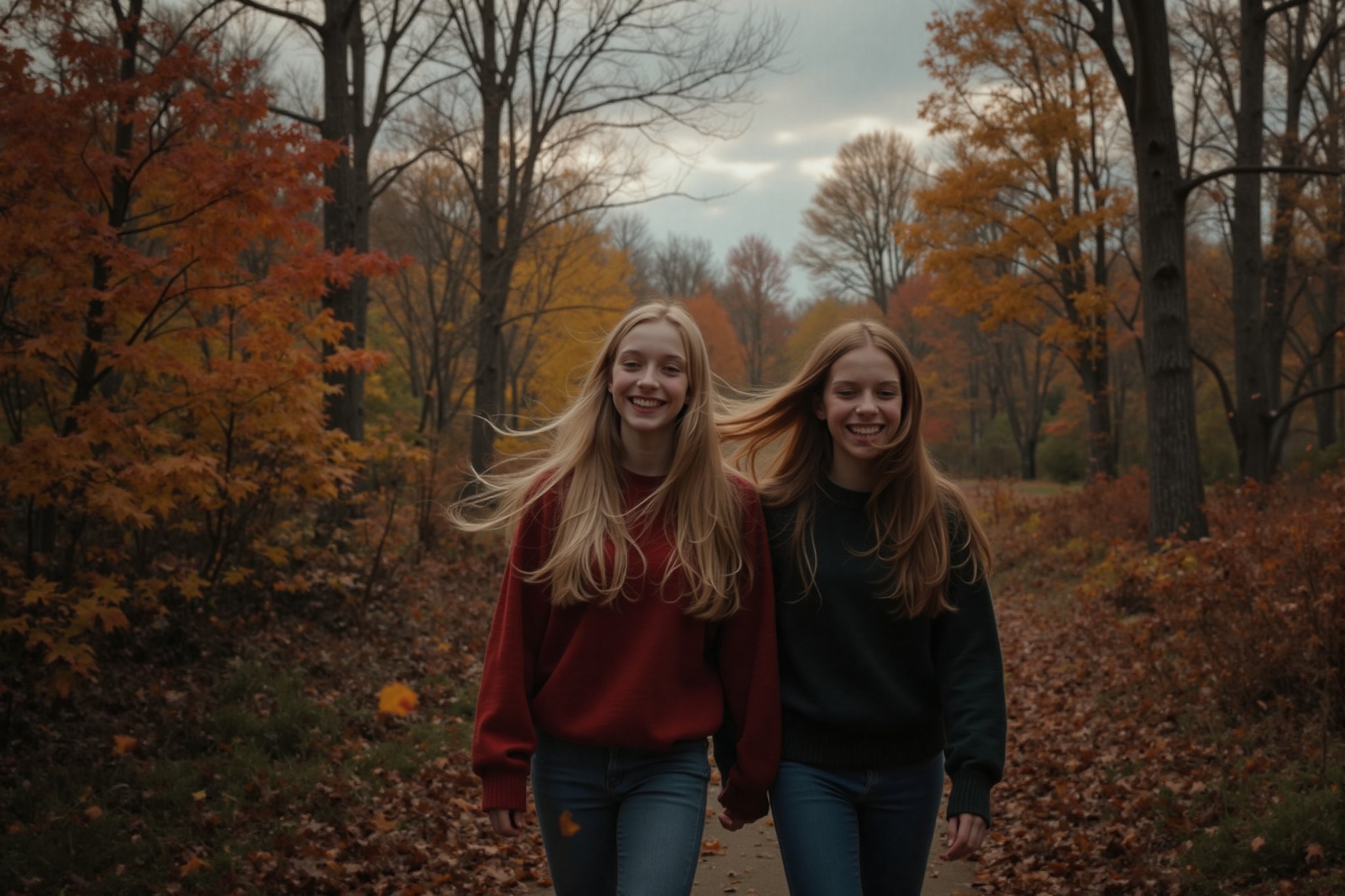 side view long shot A scene of a high school age blonde young woman and her dark haired friend walking next to each other...