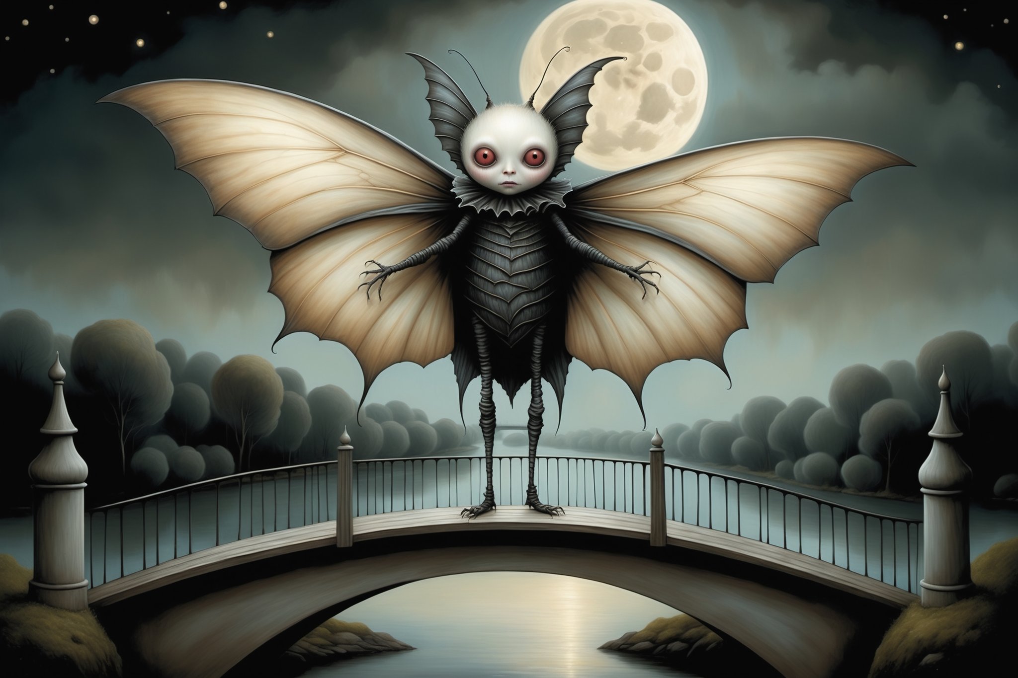 Cinematic scene - moth man scary monster man moth wings,  black standing on a tall bridge over a river under the full moon...