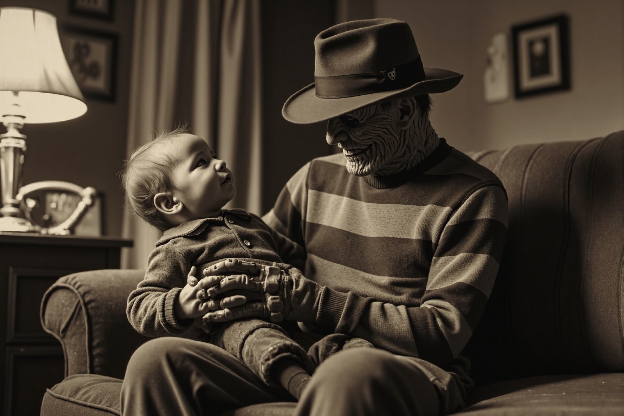 long shot realistic, detailed, photograph, b&w black and white sepia photo of Freddy Krueger holding a little baby while sitting on a couch in a living room. the baby is wearing a small glove with sharp knives on his hand like freddy. freddy krueger is looking at the baby with pride. the atmosphere is eerie and strange.