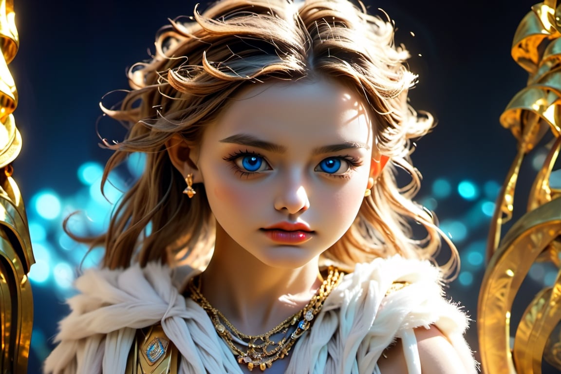 long shot of a powerful topaz sorceress,  she is a young 17 year old woman with light yellow eyes that glow,  she has very...