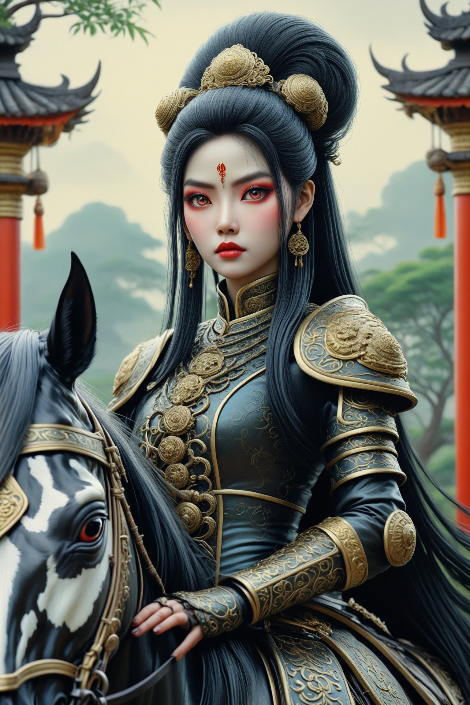 3/4 shot of Lady Triệu, a vietnamese woman warrior. a fusion of elaborate rococo, ancient vietnam, vietnamese gothic punk. she has black hair in elaborate braids and buns. she has round large big copper eyes. she is vietnamese. she wears an elaborate ancient vietnamese female warrior outfit. she sits on a horse outside a traditional vietnamese palace. perfect female anatomy, goth person, pastel goth, dal, Gaelic Pattern Style, 3/4 shot Triệu Thị Trinh