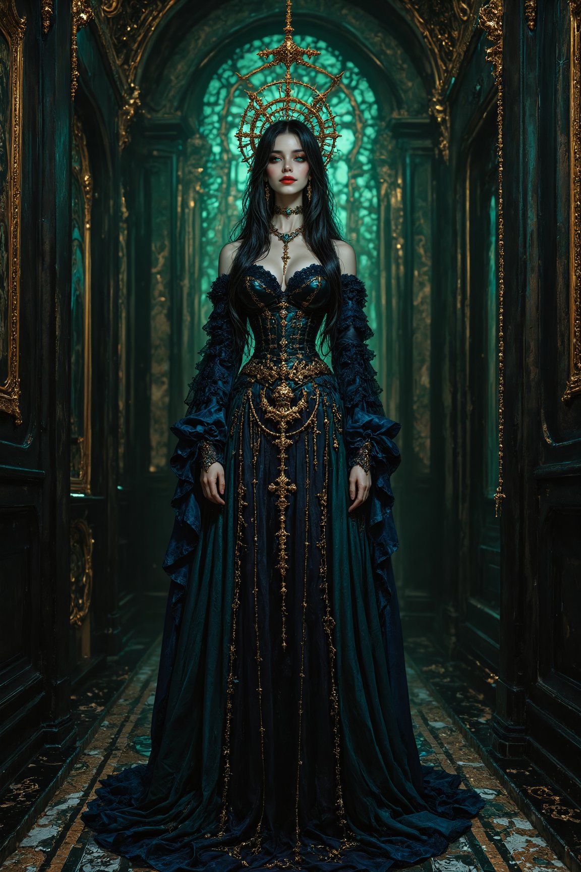 A captivating elegant and beautiful young gothic priestess woman stands in an eerie,  dimly lit chamber draped in cascadin...