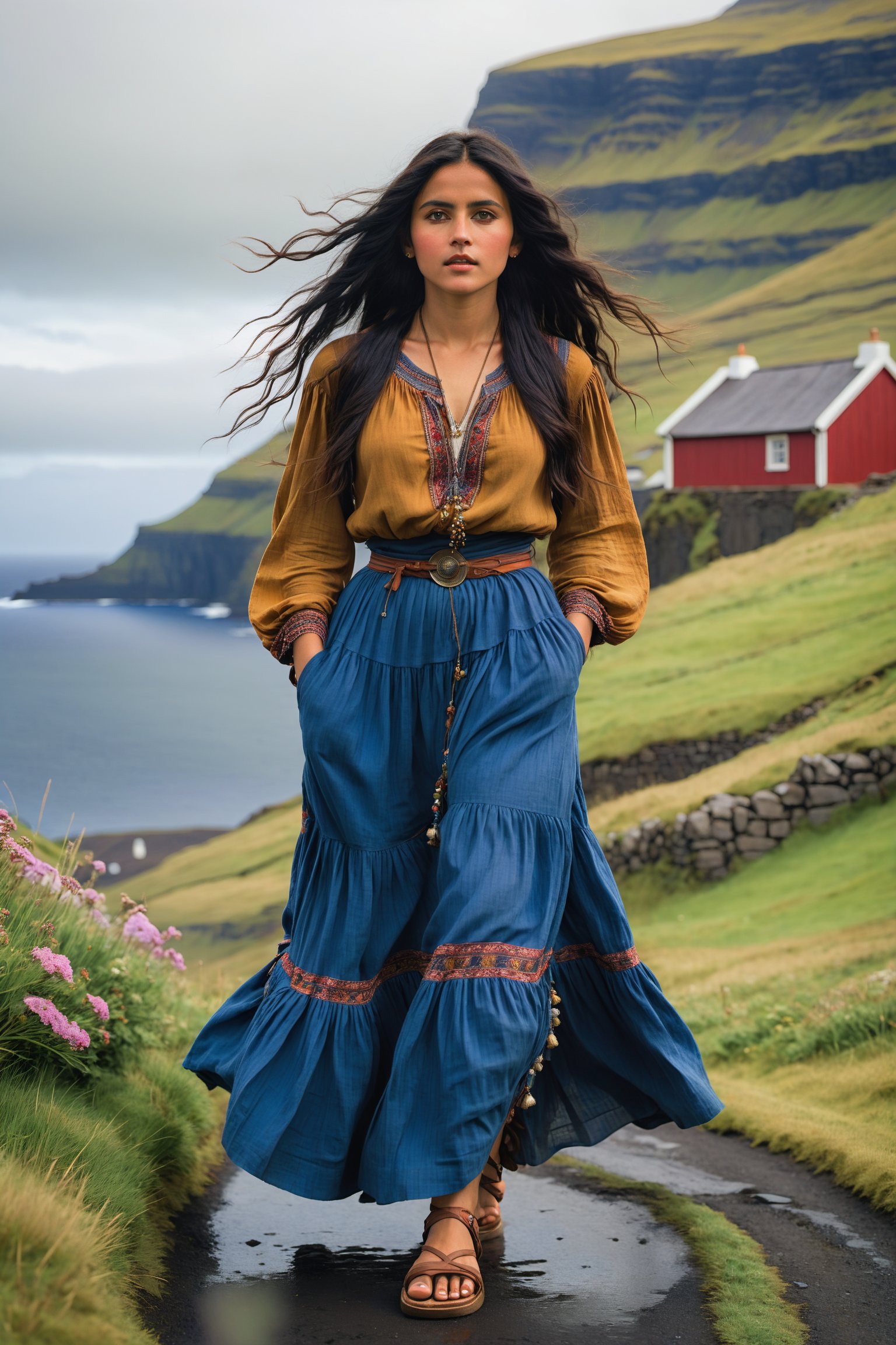 extreme long shot, full body shot, side view by john william waterhouse, pre-raphaelite, a beautiful pre-raphaelite victorian, tall young woman walks in Gásadalur Village, Faroe Islands. she has shoulder-length black hair. she wears an elaborate victorian boho outfit in multiple colors, peasant shirt, long skirt, flat sandals. she wears long dangle boho earrings detailed background of Gásadalur Village, Faroe Islands and coast. john william waterhouse, pre-raphaelite, perfect female anatomy.