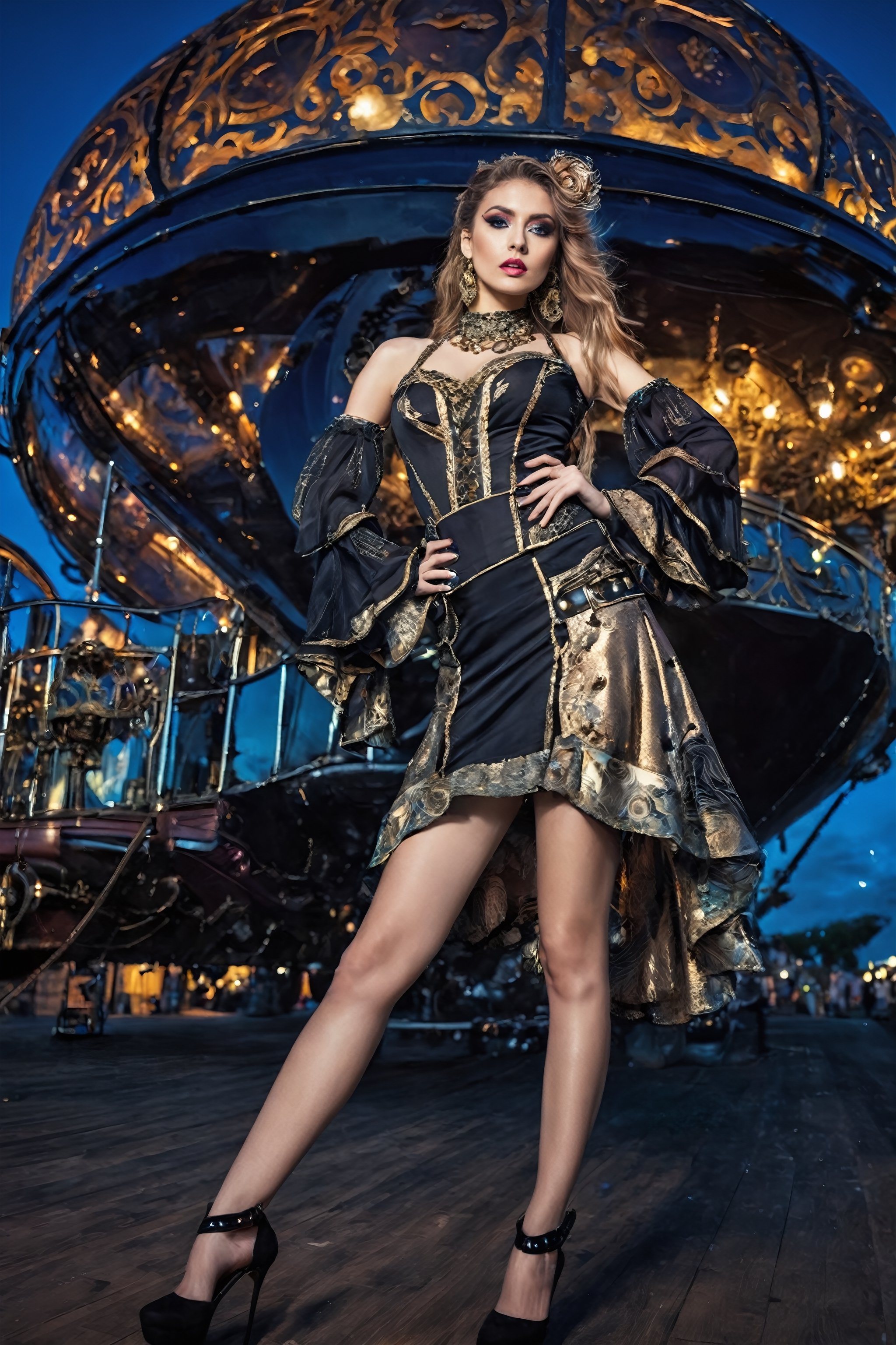Envision elaborate futuristic outlandish extravagance. The main subject of the image is an eye-catching gorgeous girl ador...