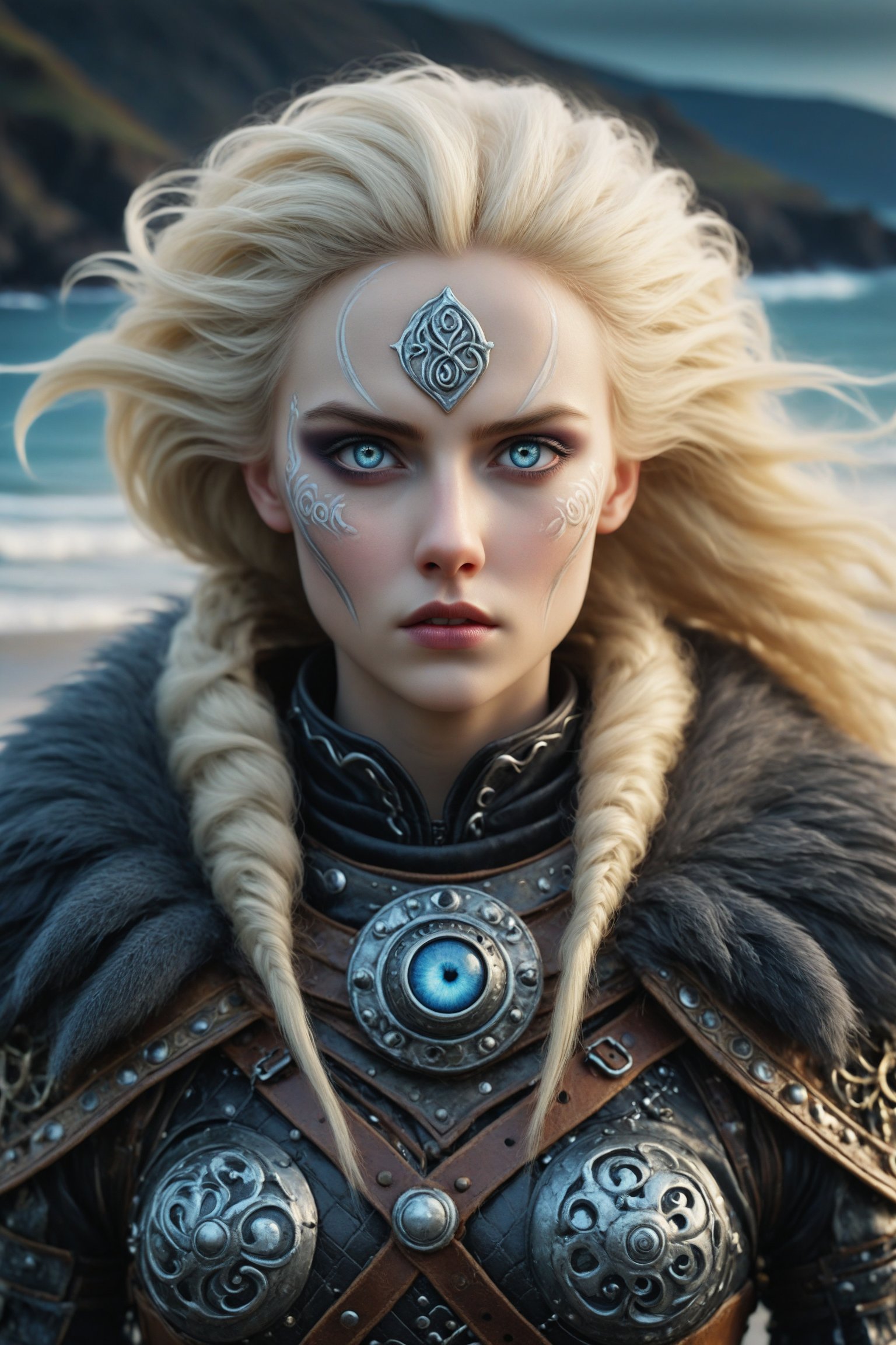 close portrait shot, dynamic, cinematic of Freydís Eiríksdóttir, Icelandic female warrior and explorer. a fusion of elaborate rococo, ancient iceland, icelandic viking gothic punk. she has very light blond hair. she has round large big blue eyes. she wears an elaborate ancient viking outfit, fur trim, cape, background of an icelandic beach, night time, dark sky, full moon, perfect female anatomy, goth person, pastel goth, dal, Gaelic Pattern Style, close portrait shot, cinematic, dynamic