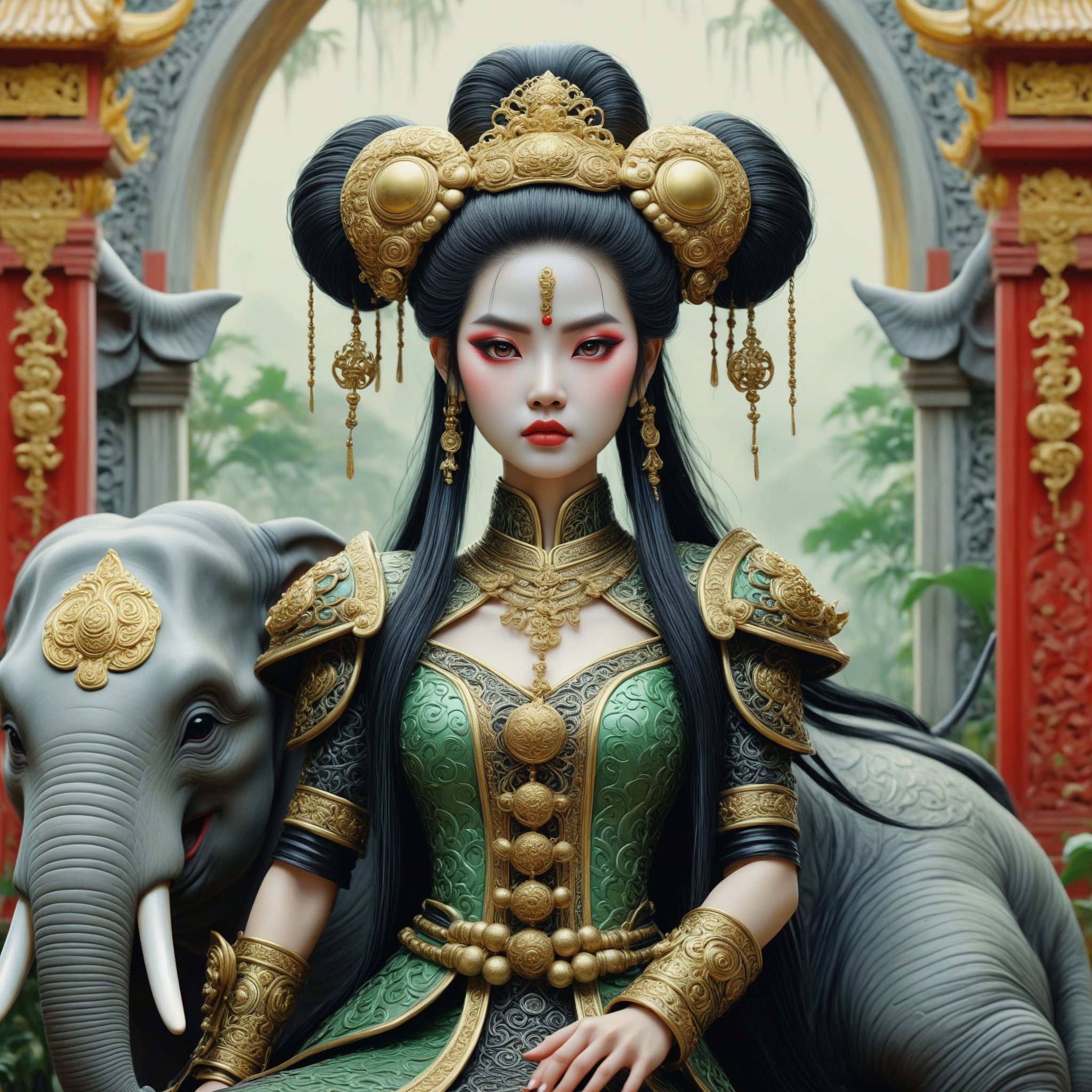 3/4 shot of Lady Triệu, a vietnamese woman warrior. a fusion of elaborate rococo, ancient vietnam, vietnamese gothic punk. she has black hair in elaborate braids and buns. she has round large big copper eyes. she is vietnamese. she wears an elaborate ancient vietnamese female warrior outfit. she sits on an elephant holding a sword above her head outside a traditional vietnamese palace. perfect female anatomy, goth person, pastel goth, dal, Gaelic Pattern Style, 3/4 shot Triệu Thị Trinh